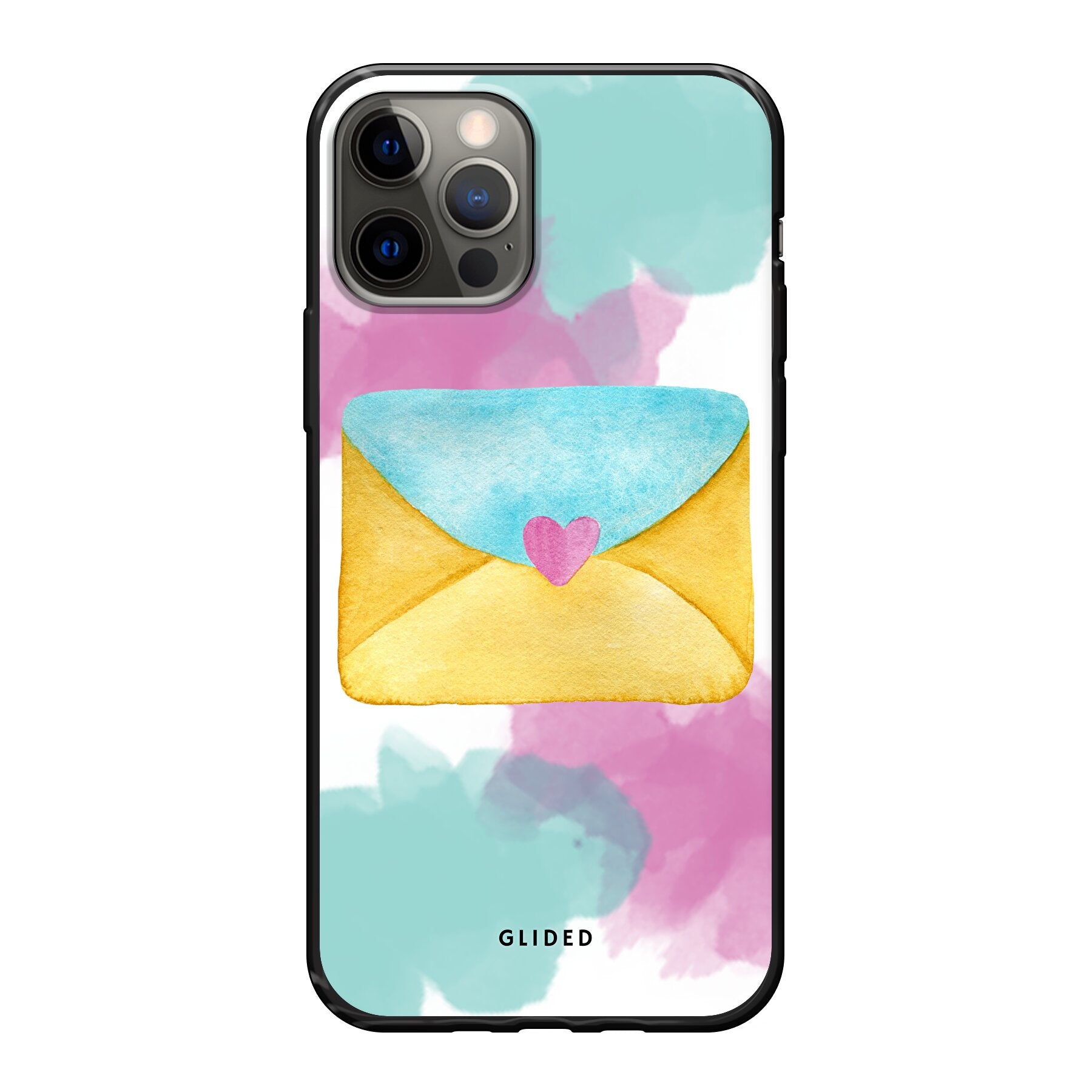 Envelope Handyhülle für iPhone 12 Pro in zarten Pastellfarben mit einem romantischen Liebesbrief-Design.