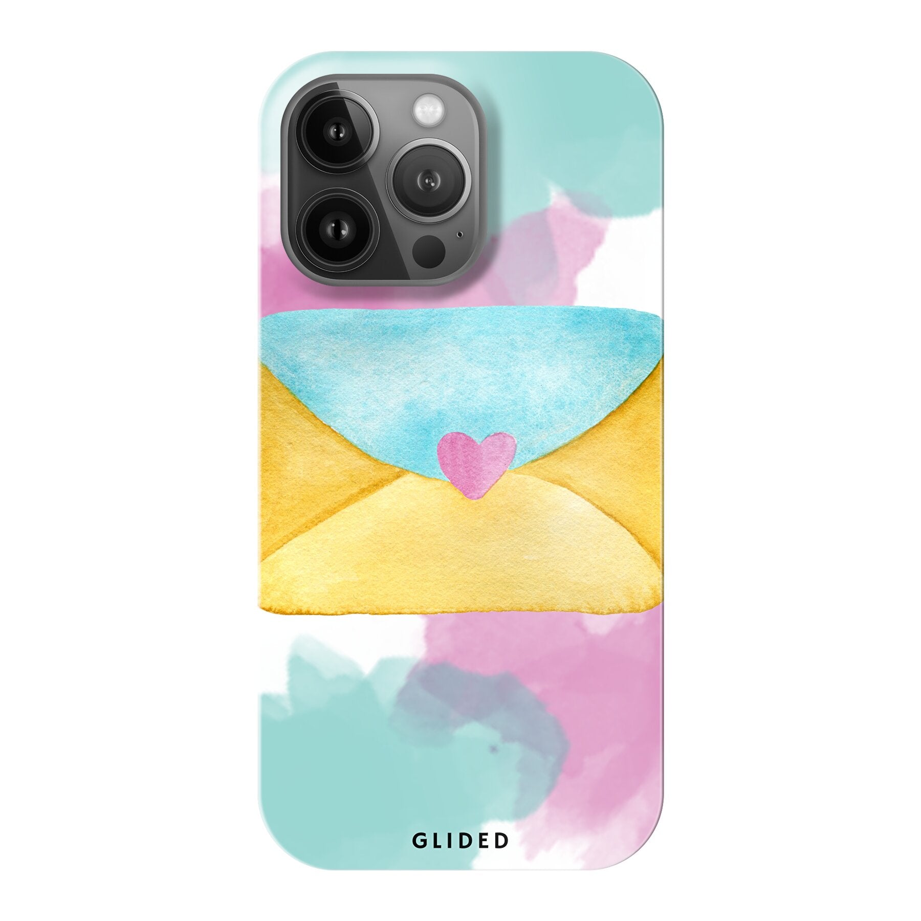 Envelope Handyhülle für iPhone 13 Pro in sanften Pastellfarben mit einem romantischen Liebesbrief-Design.