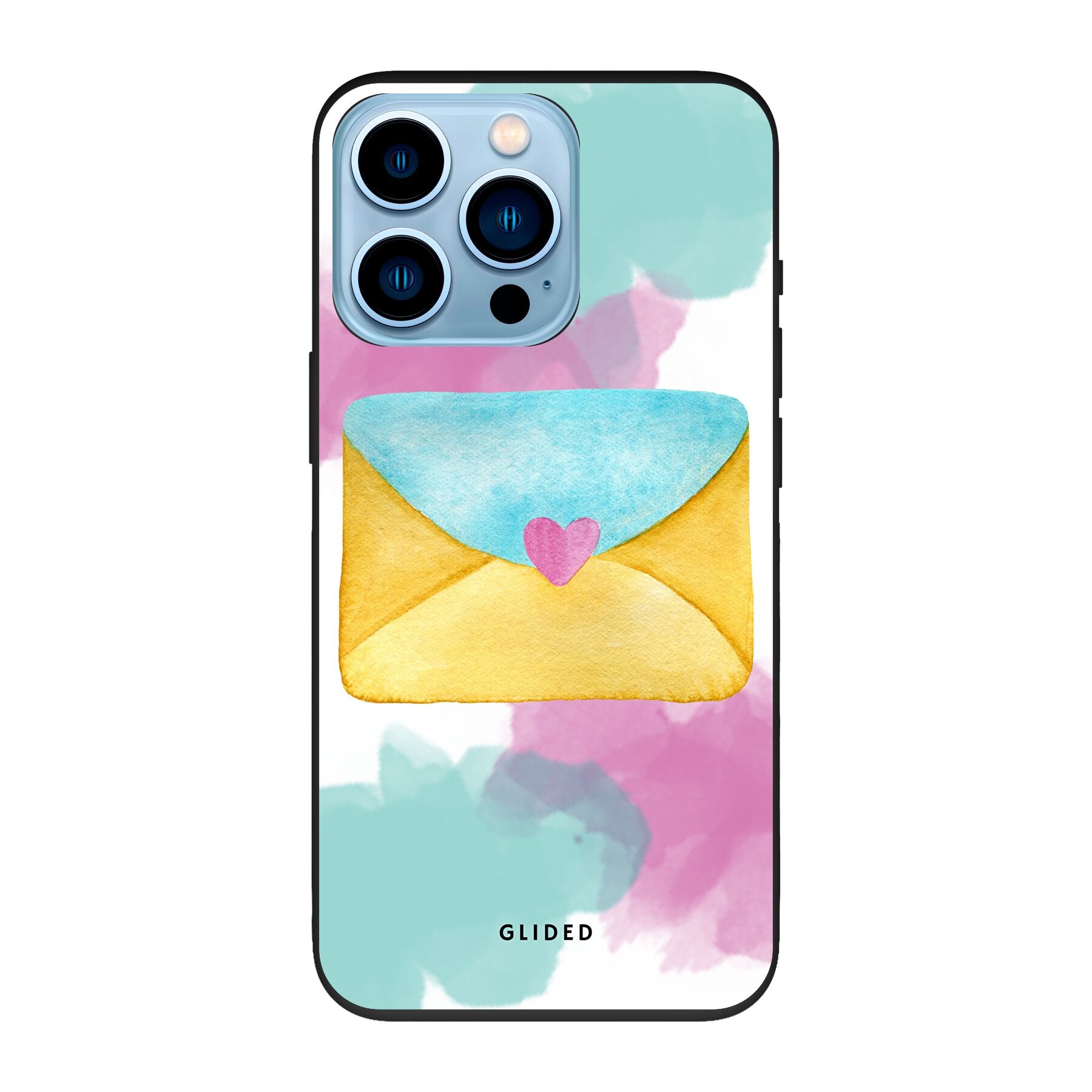 Envelope Handyhülle für iPhone 13 Pro in sanften Pastellfarben mit einem romantischen Liebesbrief-Design.