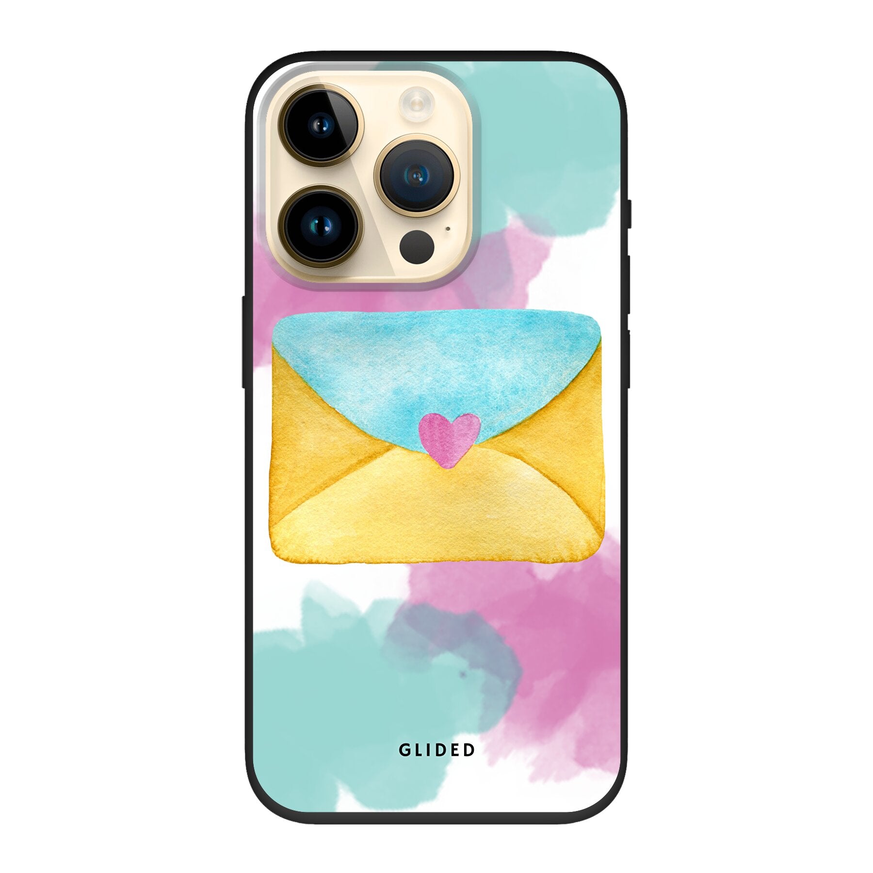 Envelope Handyhülle für iPhone 14 Pro in sanften Pastellfarben mit romantischem Liebesbrief-Design.