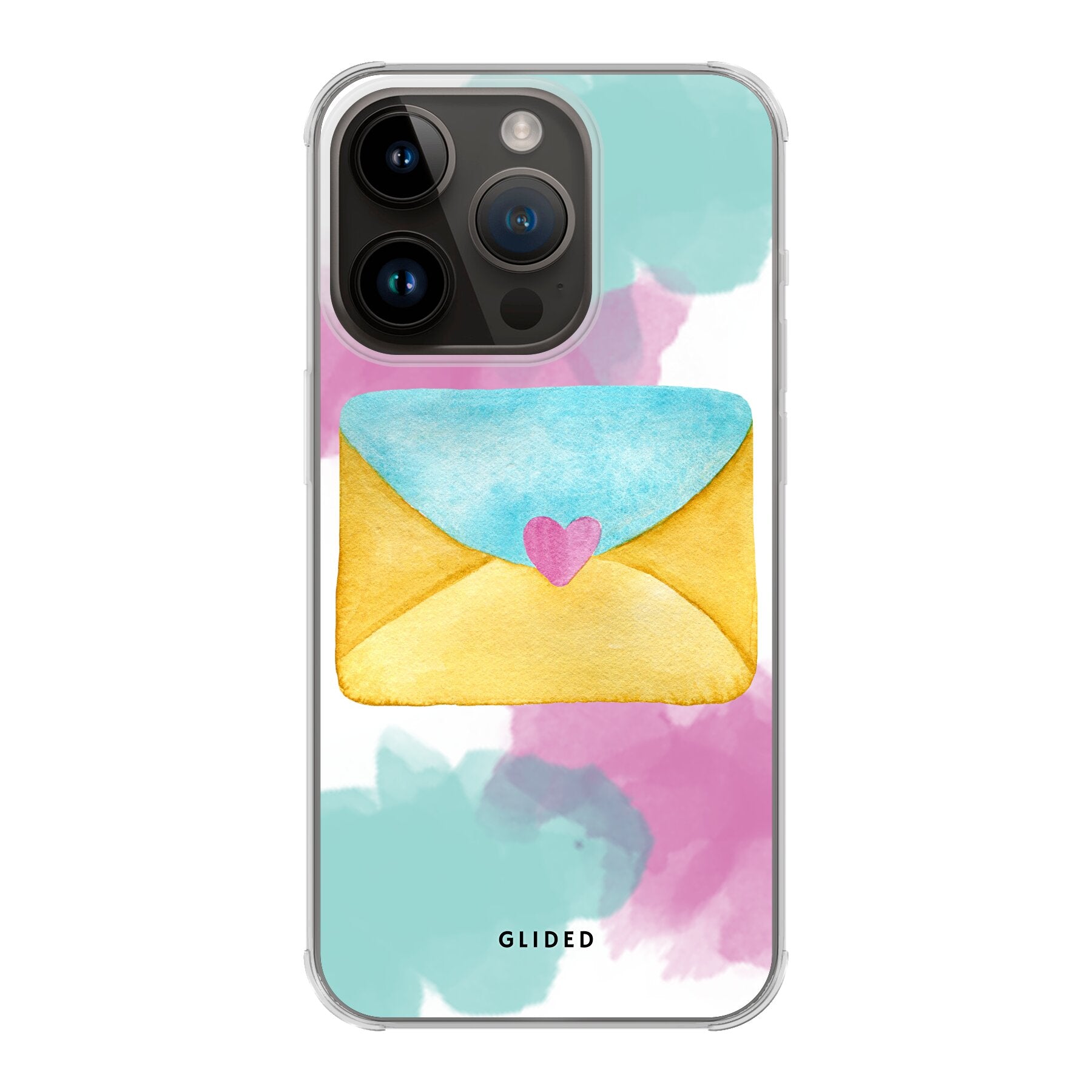 Envelope Handyhülle für iPhone 14 Pro in sanften Pastellfarben mit romantischem Liebesbrief-Design.