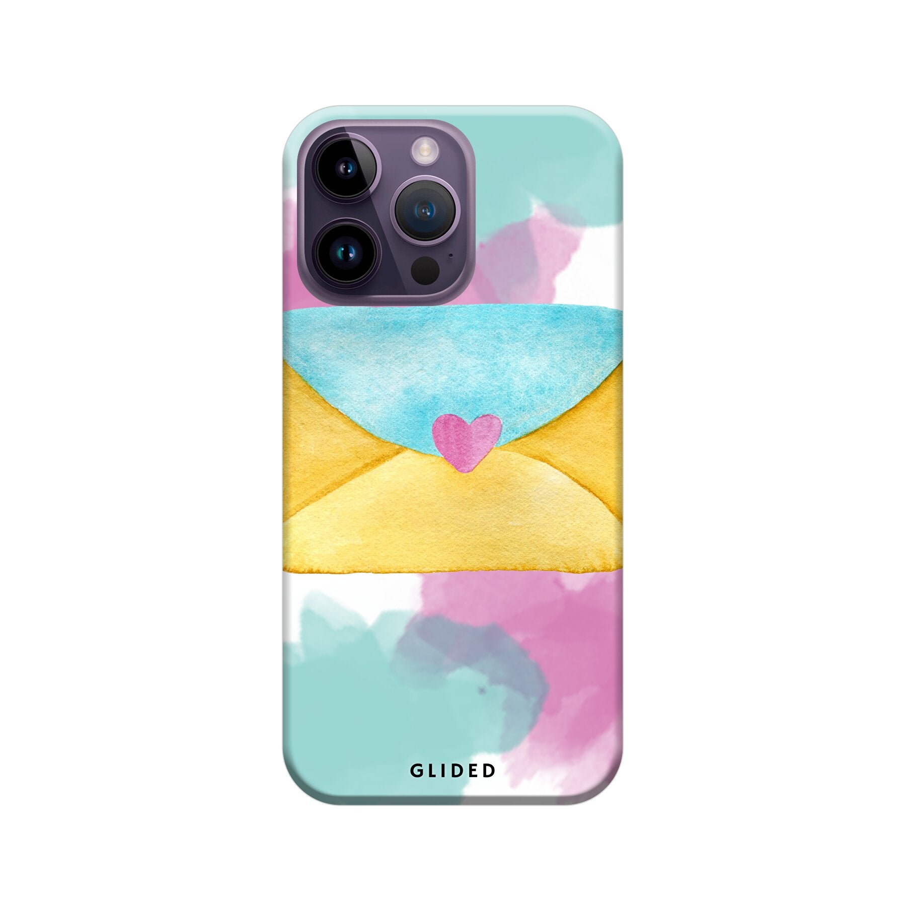 Envelope Handyhülle für iPhone 14 Pro Max in zarten Pastellfarben mit romantischem Liebesbrief-Design.