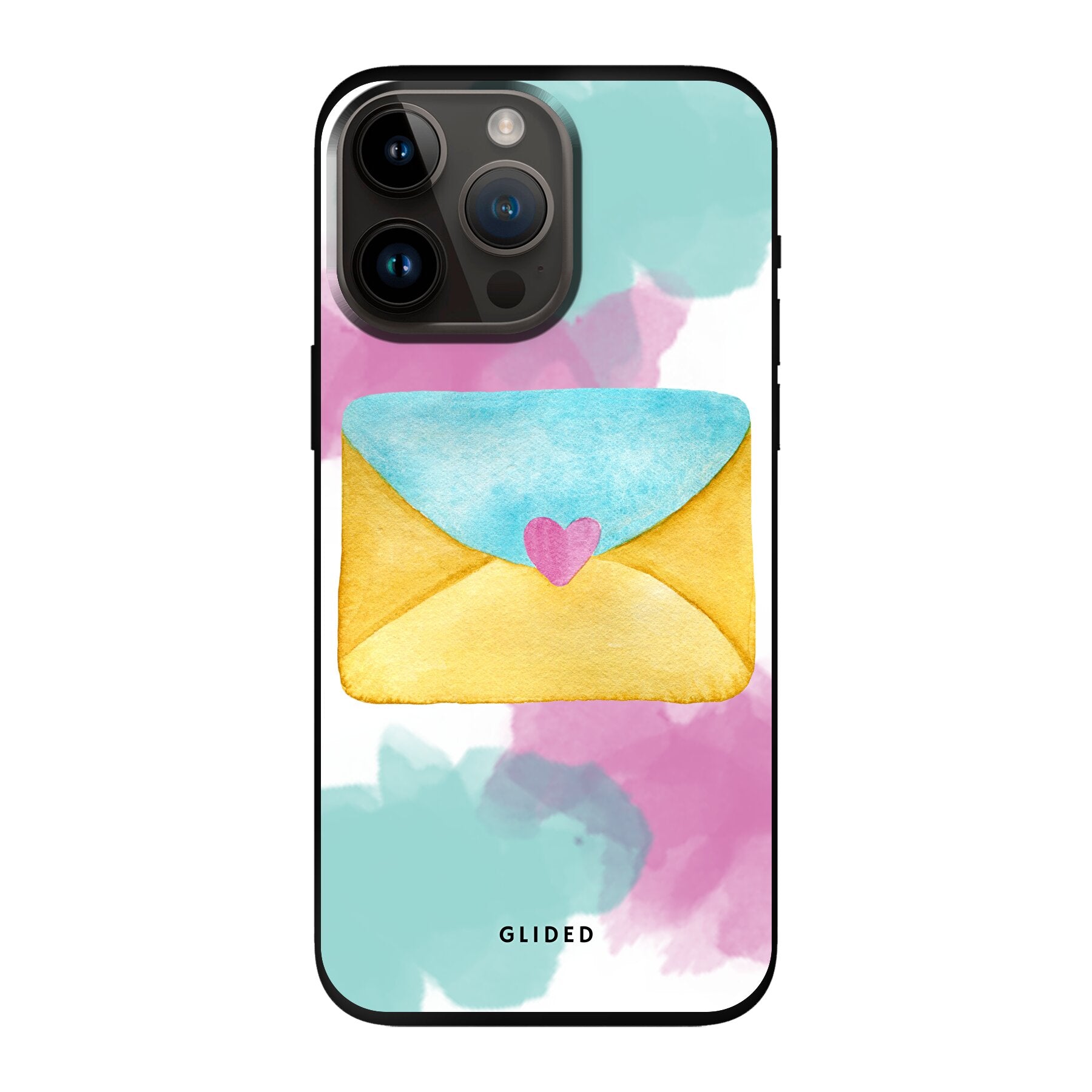 Envelope Handyhülle für iPhone 14 Pro Max in zarten Pastellfarben mit romantischem Liebesbrief-Design.