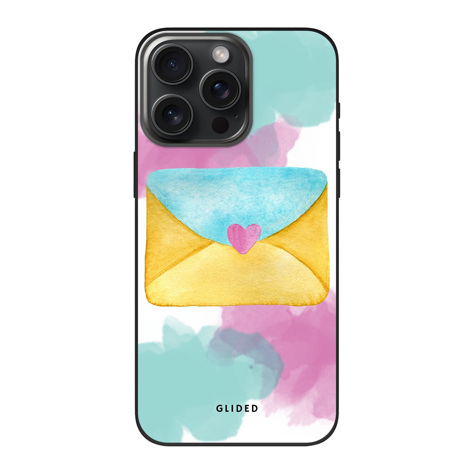 Envelope Handyhülle für iPhone 15 Pro in sanften Pastellfarben mit romantischem Liebesbrief-Design.