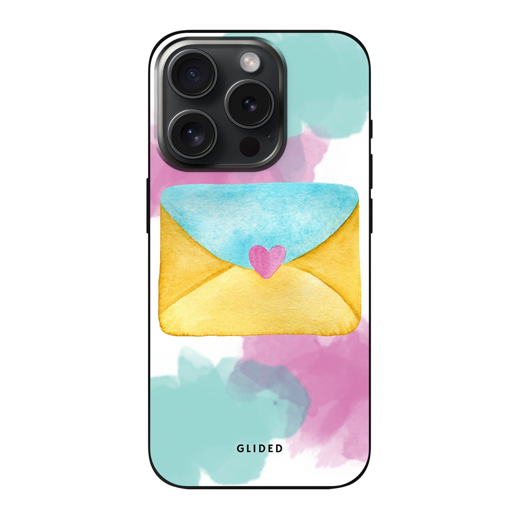 Envelope Handyhülle für iPhone 15 Pro in sanften Pastellfarben mit romantischem Liebesbrief-Design.