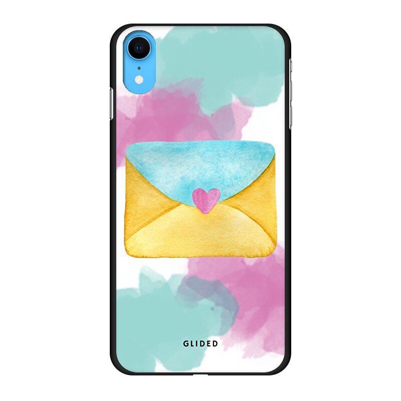 Envelope iPhone XR Handyhülle in zarten Pastellfarben mit einem romantischen Liebesbrief-Design.