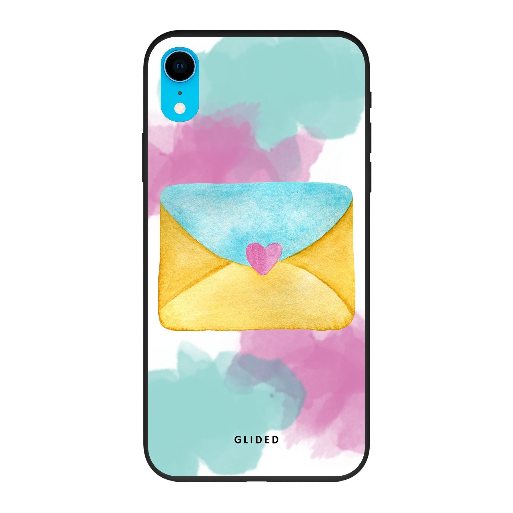 Envelope iPhone XR Handyhülle in zarten Pastellfarben mit einem romantischen Liebesbrief-Design.