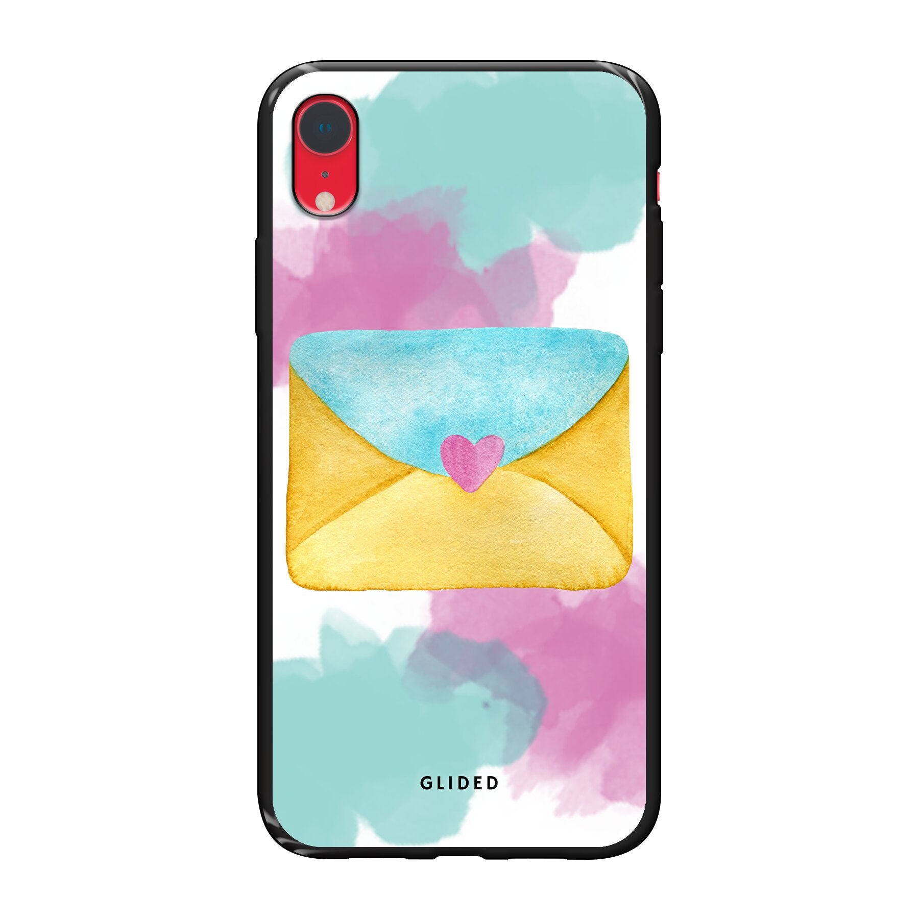 Envelope iPhone XR Handyhülle in zarten Pastellfarben mit einem romantischen Liebesbrief-Design.