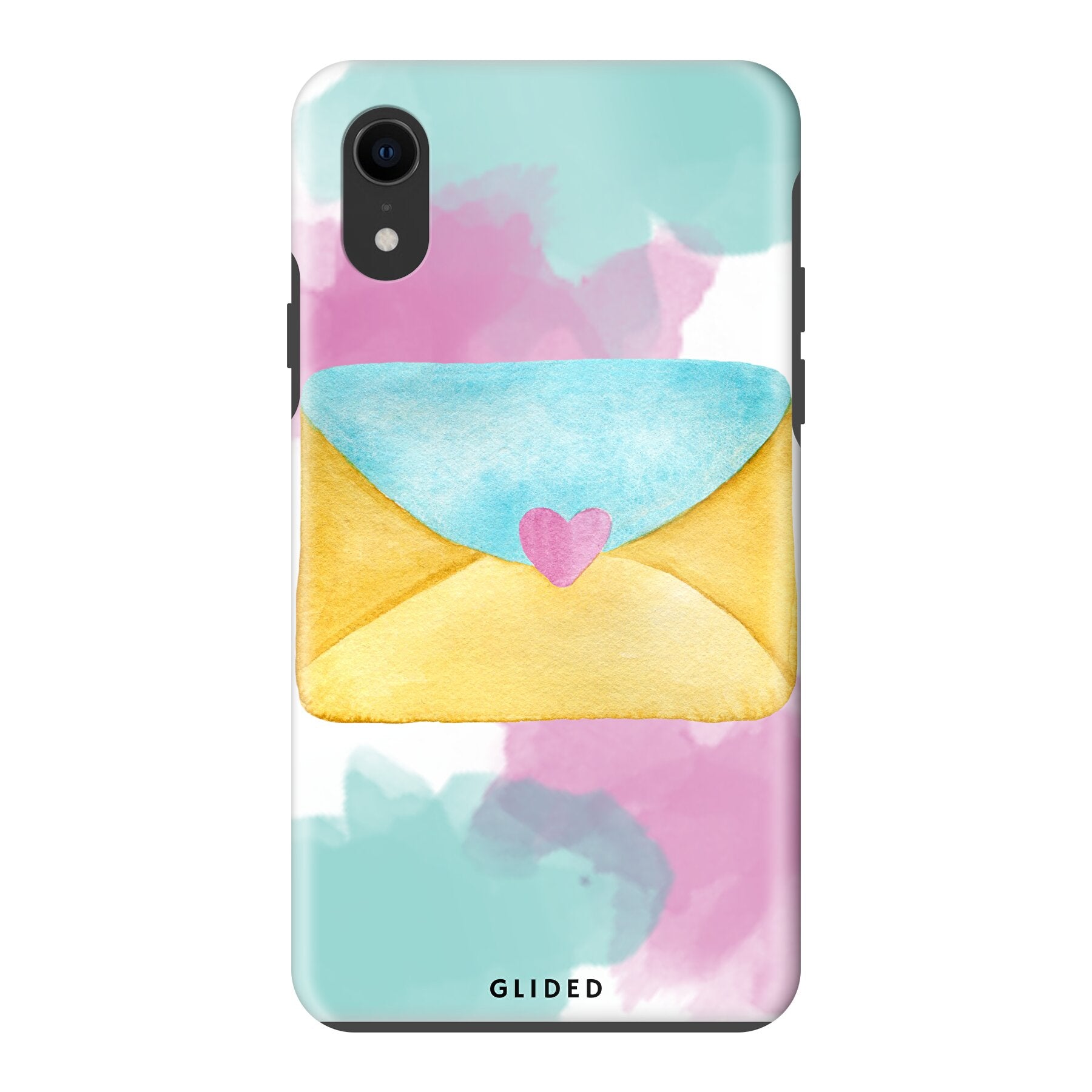 Envelope iPhone XR Handyhülle in zarten Pastellfarben mit einem romantischen Liebesbrief-Design.