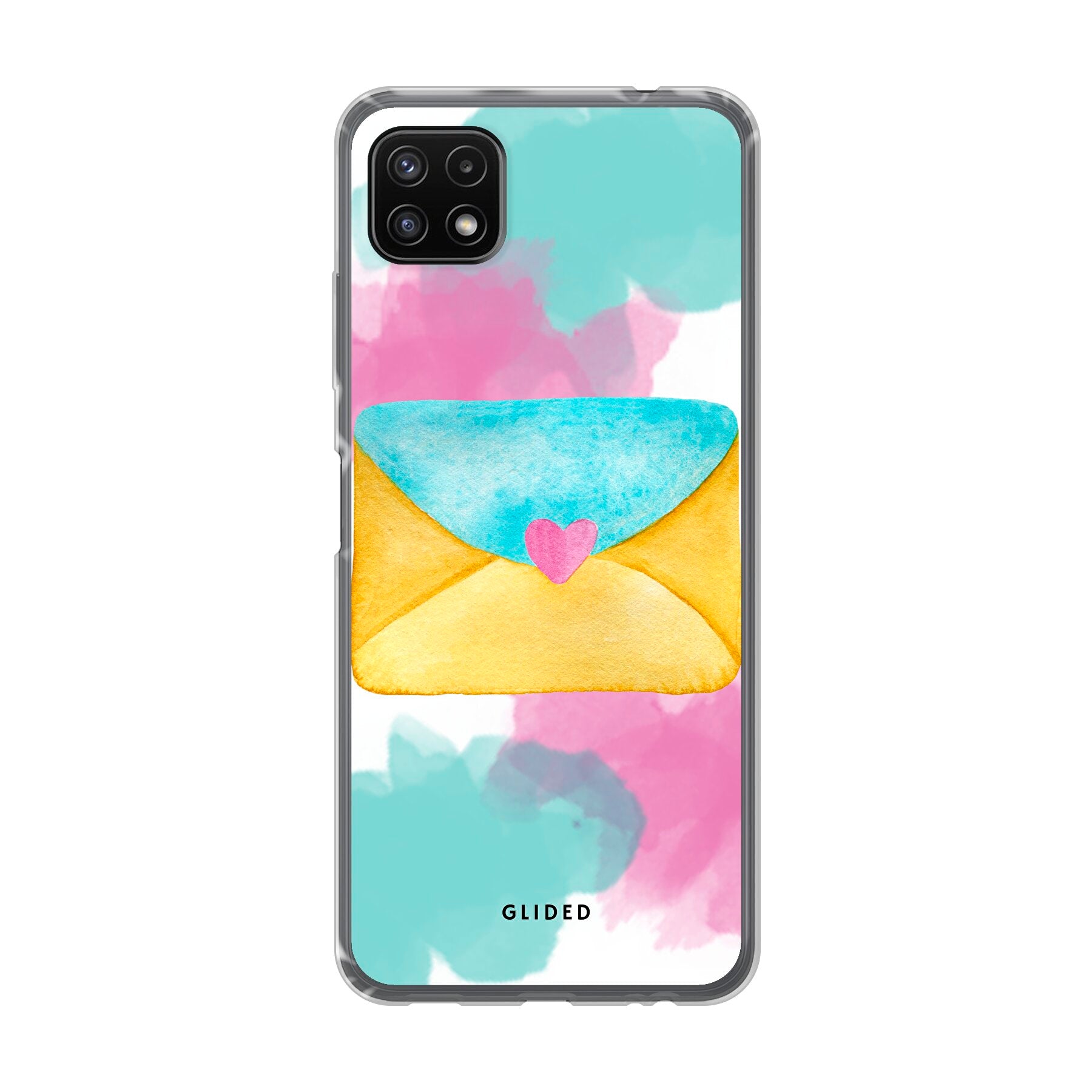 Envelope Handyhülle für Samsung Galaxy A22 5G in sanften Pastellfarben mit einem romantischen Liebesbrief-Design.