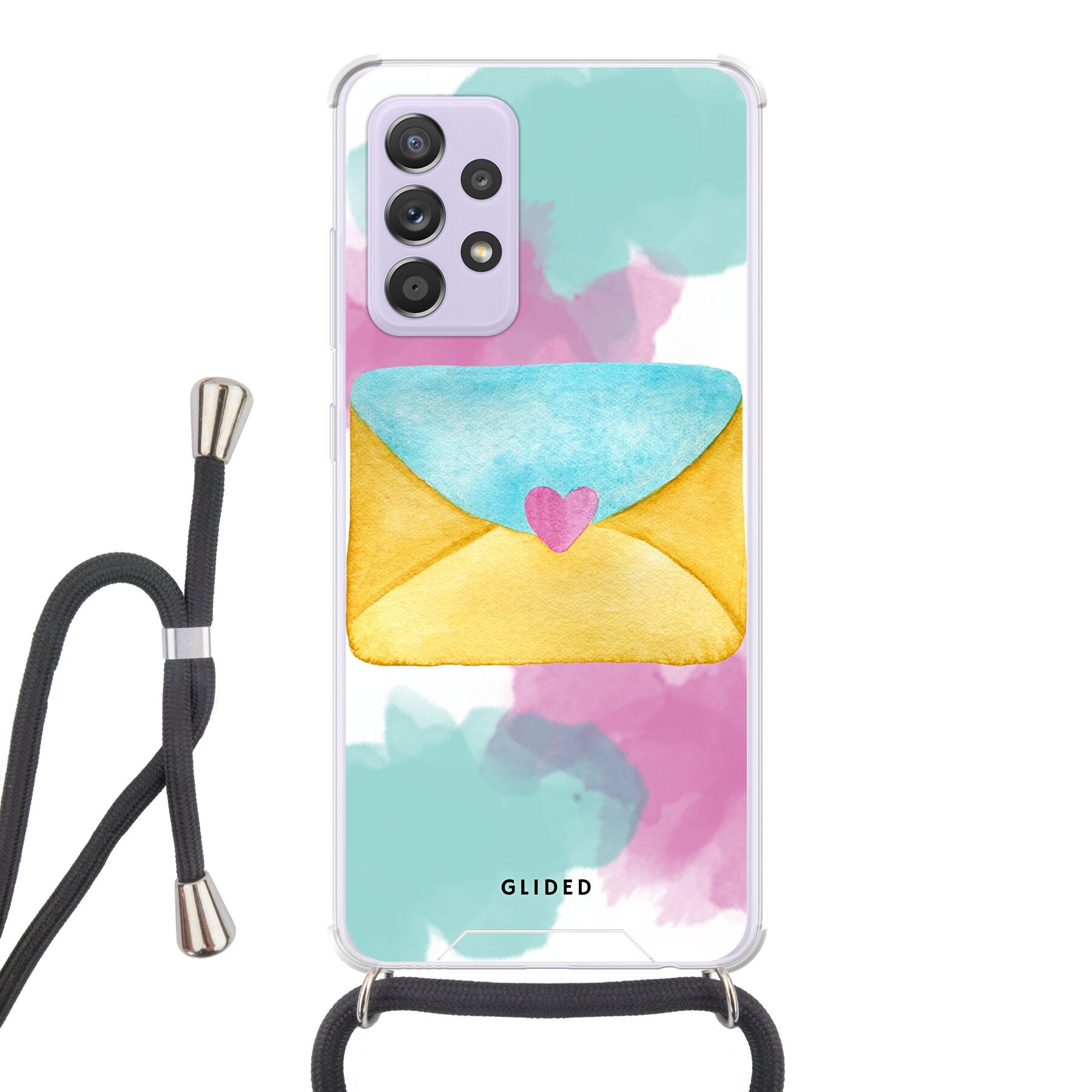 Envelope Handyhülle für Samsung Galaxy A52 in sanften Pastellfarben mit einem romantischen Liebesbrief-Design.