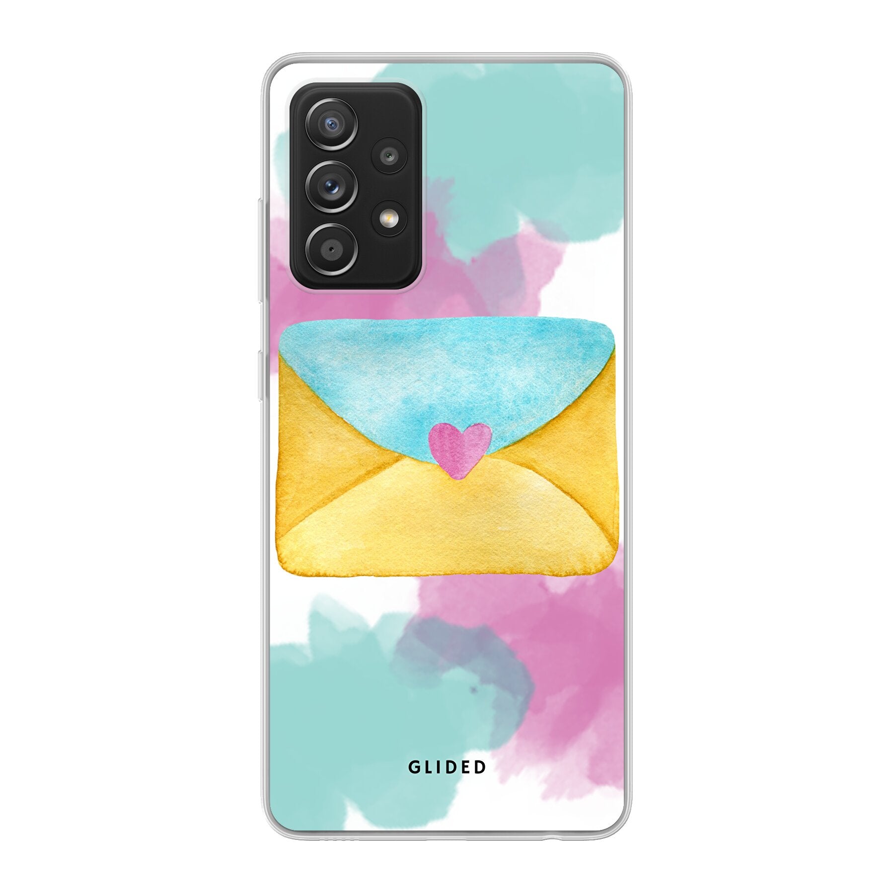 Envelope Handyhülle für Samsung Galaxy A52 in sanften Pastellfarben mit einem romantischen Liebesbrief-Design.