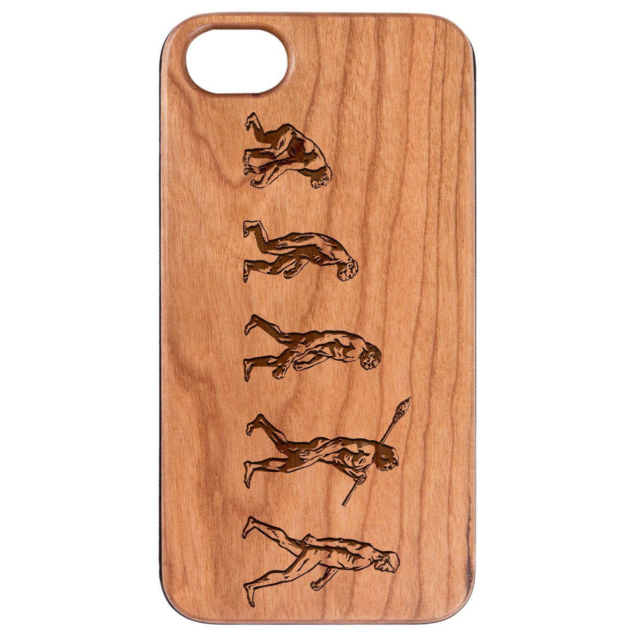 Evolution - Engraved wooden phone case showcasing intricate laser-engraved designs and natural wood finish.