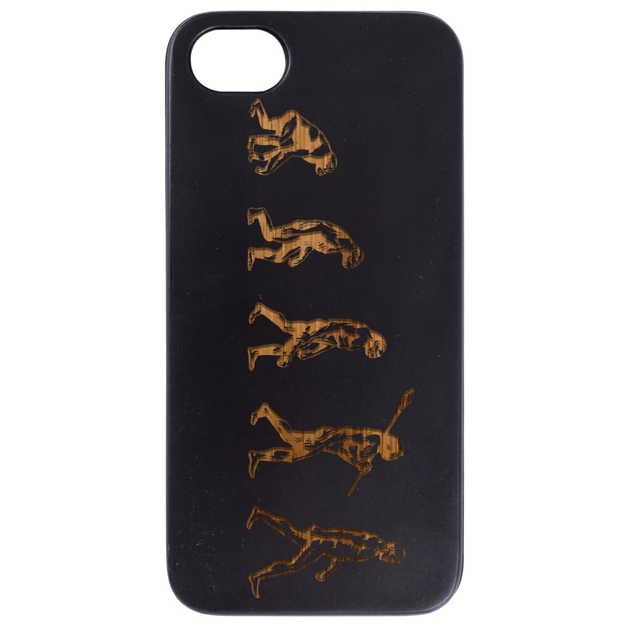 Evolution - Engraved wooden phone case showcasing intricate laser-engraved designs and natural wood finish.