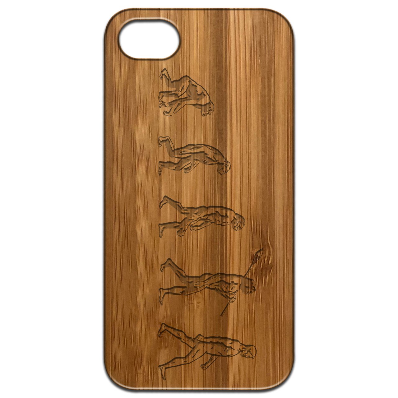 Evolution - Engraved wooden phone case showcasing intricate laser-engraved designs and natural wood finish.