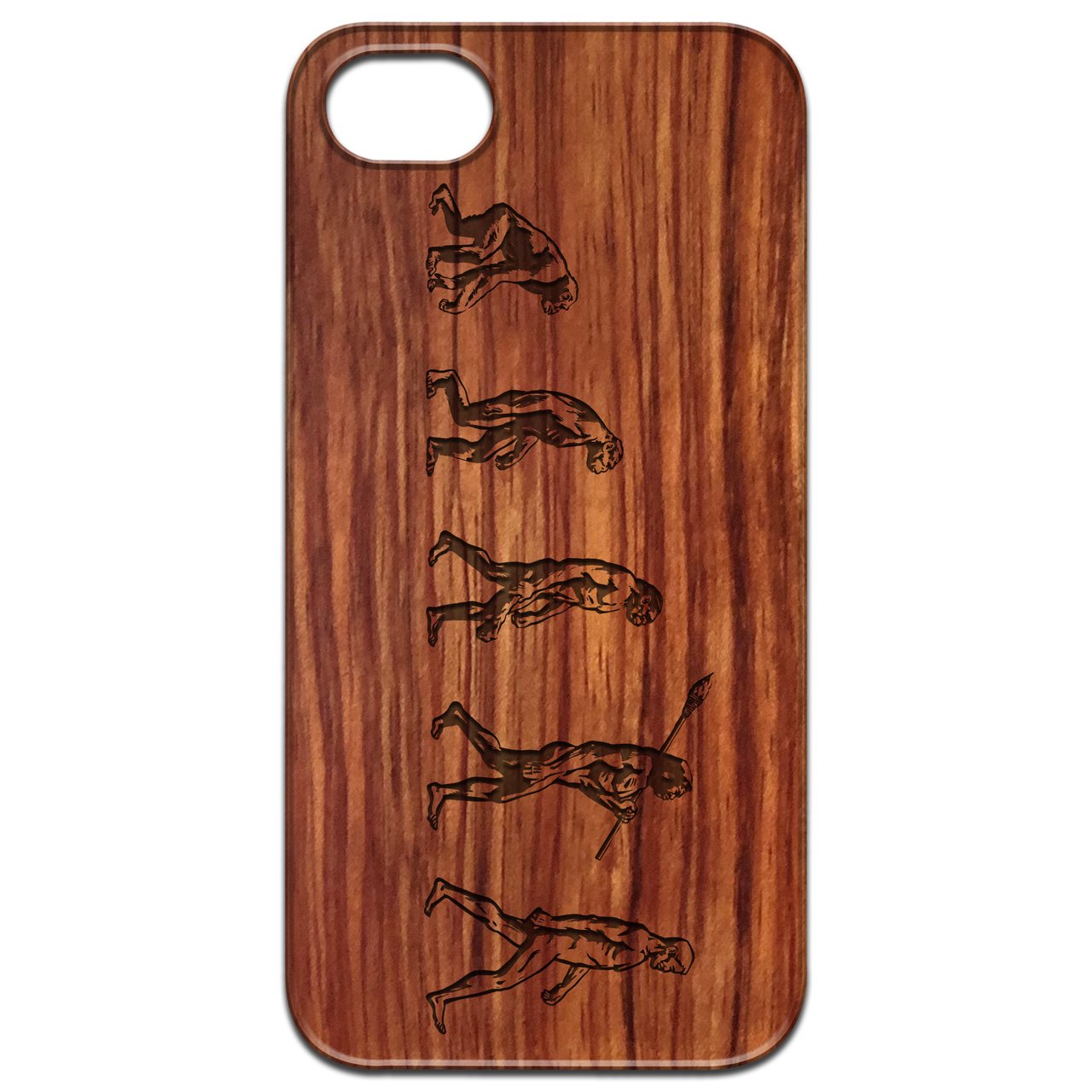 Evolution - Engraved wooden phone case showcasing intricate laser-engraved designs and natural wood finish.