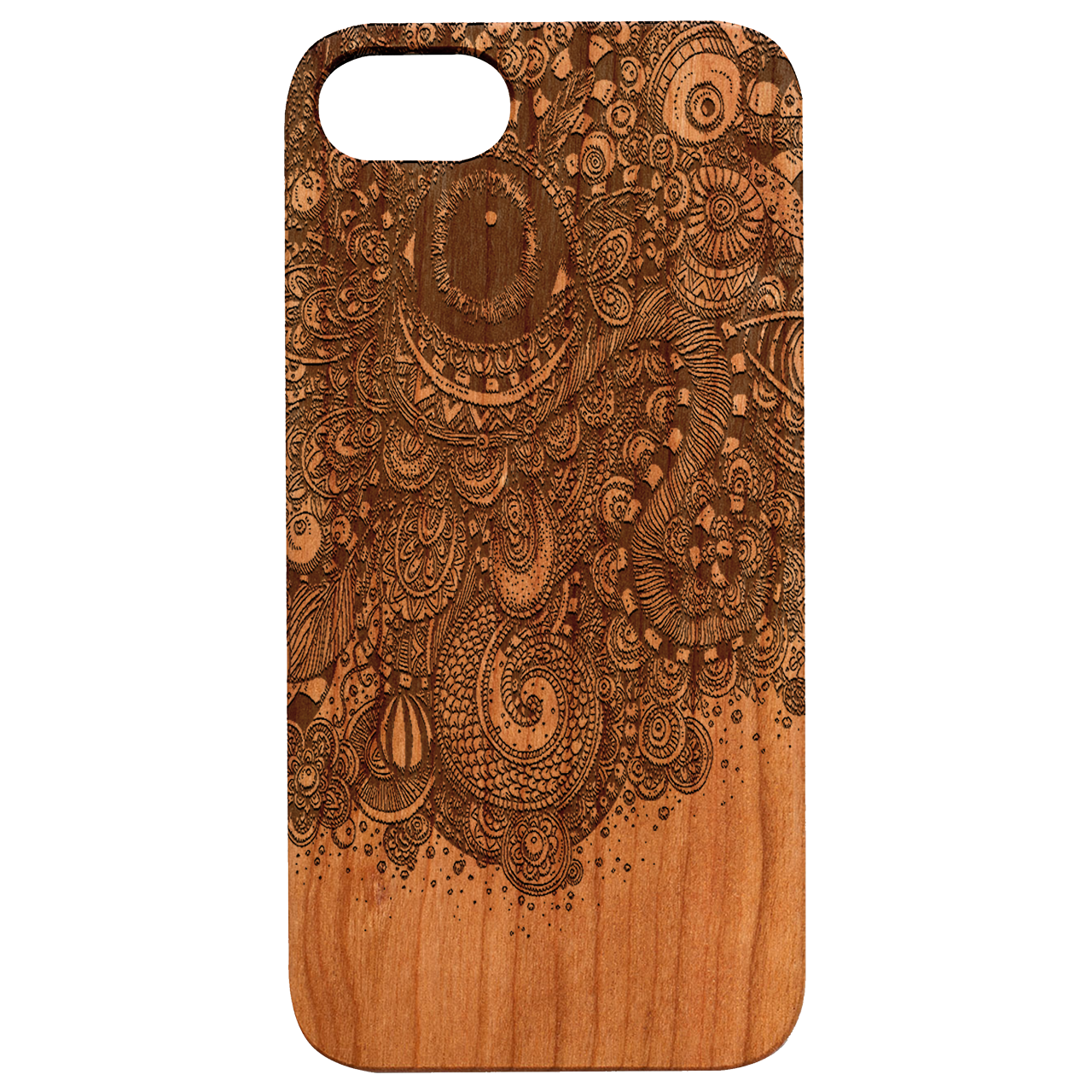 Eye Mandala - Engraved wooden phone case showcasing intricate design and natural wood finish.