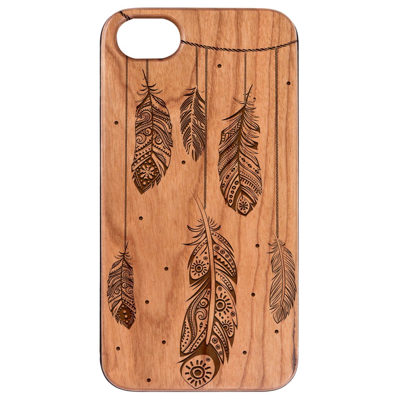 Engraved wooden phone case featuring a feather design, showcasing natural wood texture and durability.