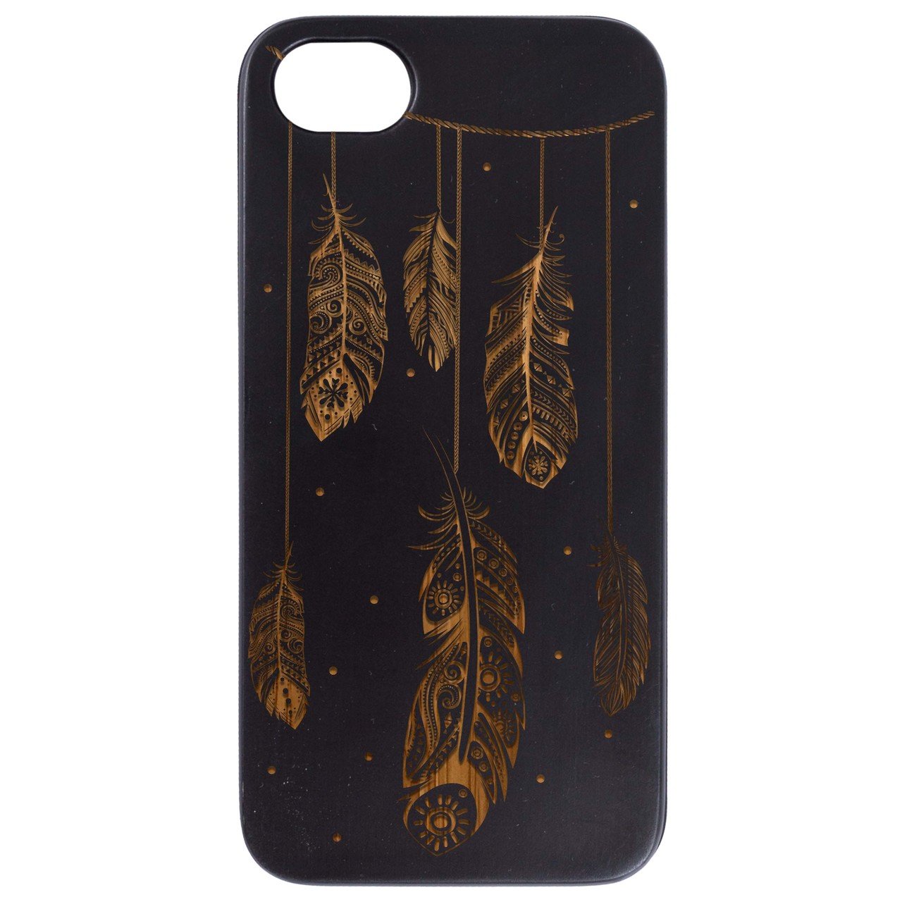 Engraved wooden phone case featuring a feather design, showcasing natural wood texture and durability.