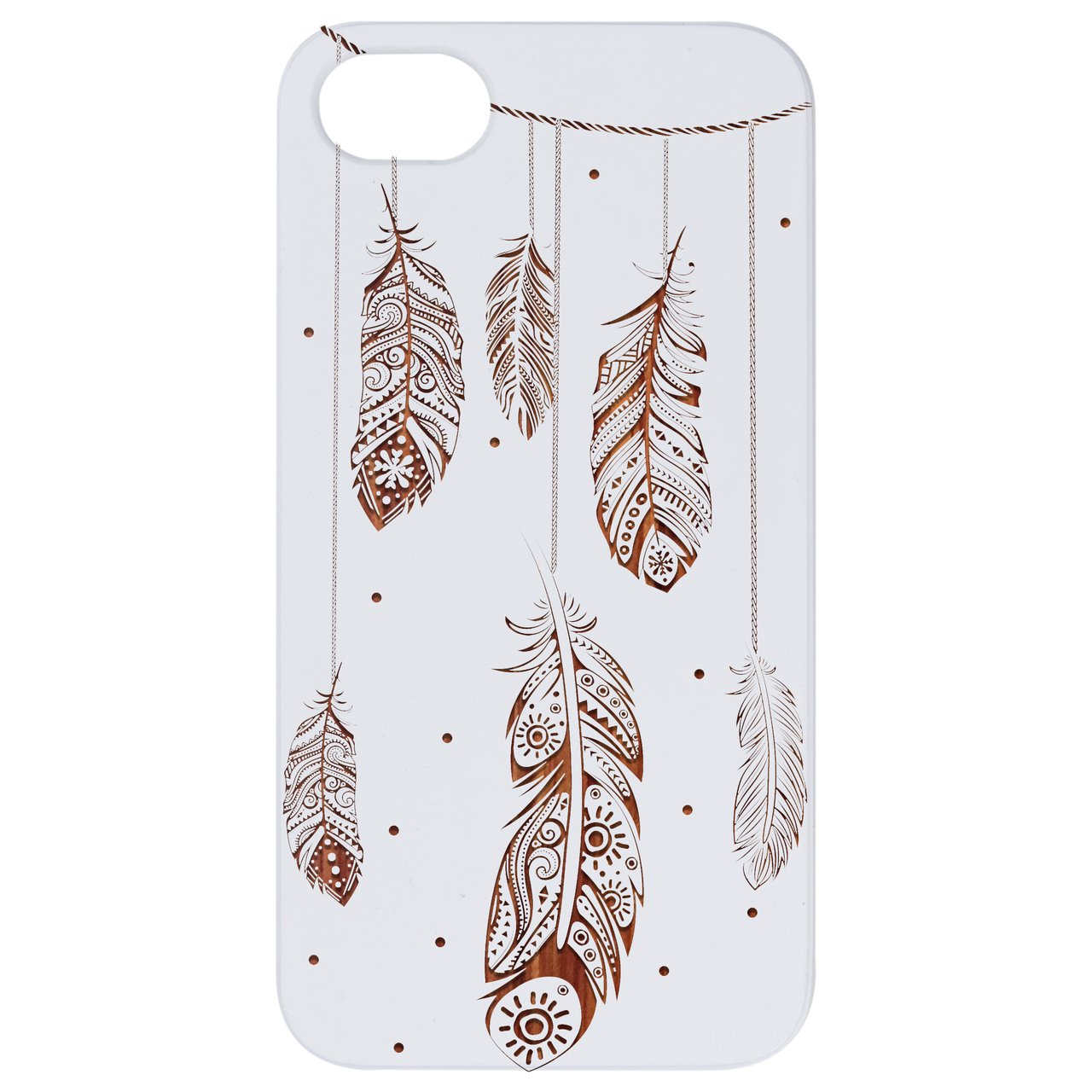 Engraved wooden phone case featuring a feather design, showcasing natural wood texture and durability.