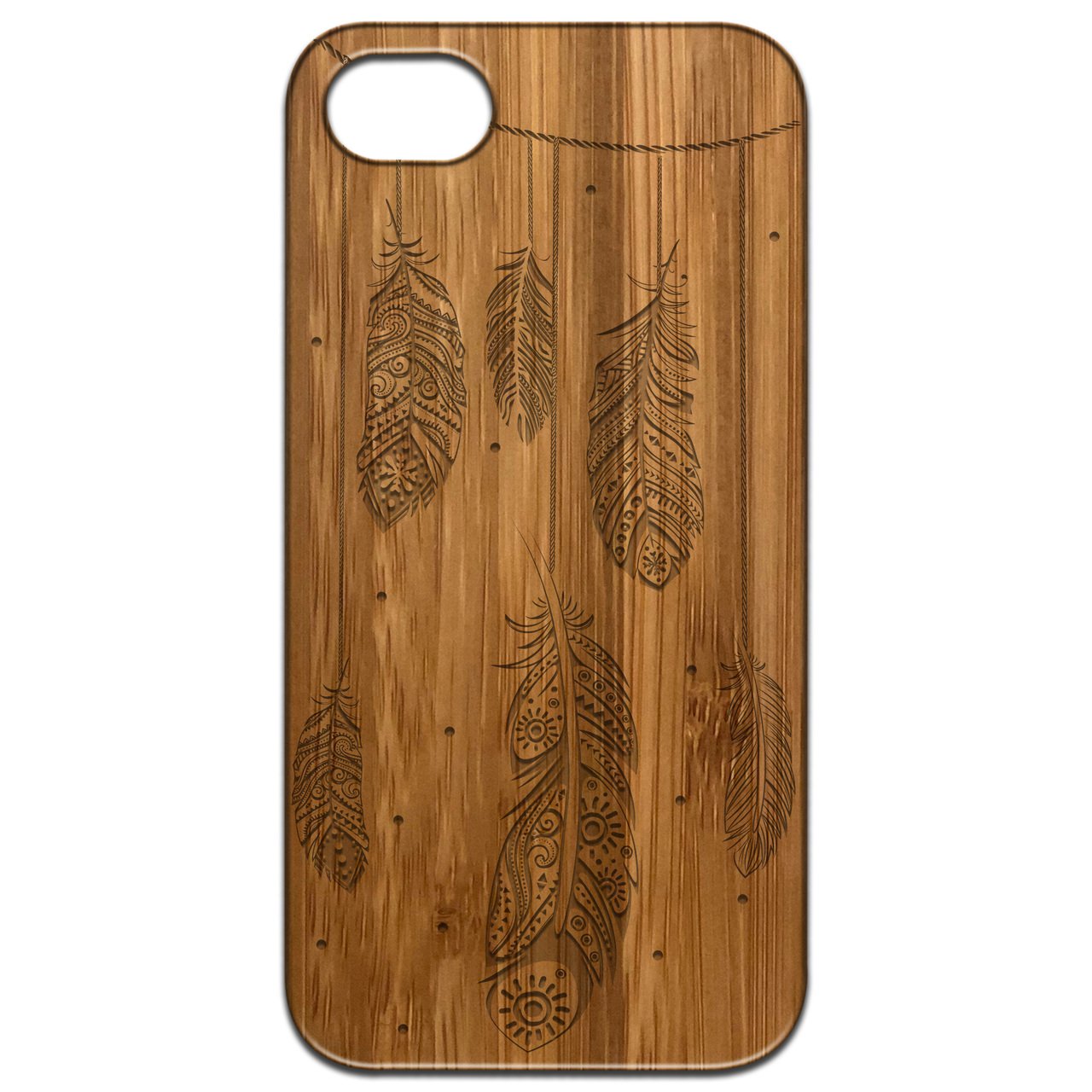 Engraved wooden phone case featuring a feather design, showcasing natural wood texture and durability.