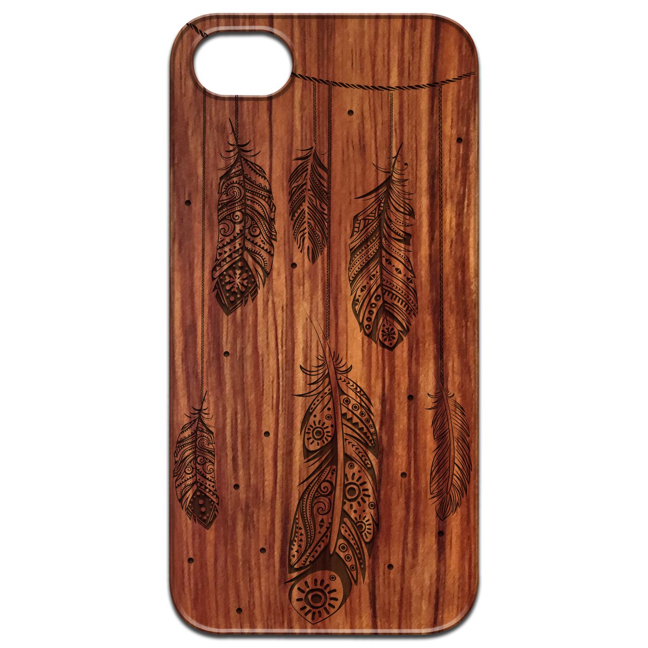 Engraved wooden phone case featuring a feather design, showcasing natural wood texture and durability.