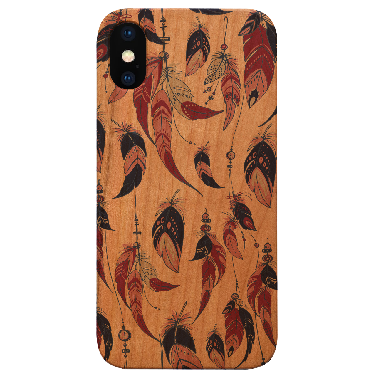 A stylish UV color printed phone case featuring a feather design, crafted from natural wood with a durable rubber bumper for protection.