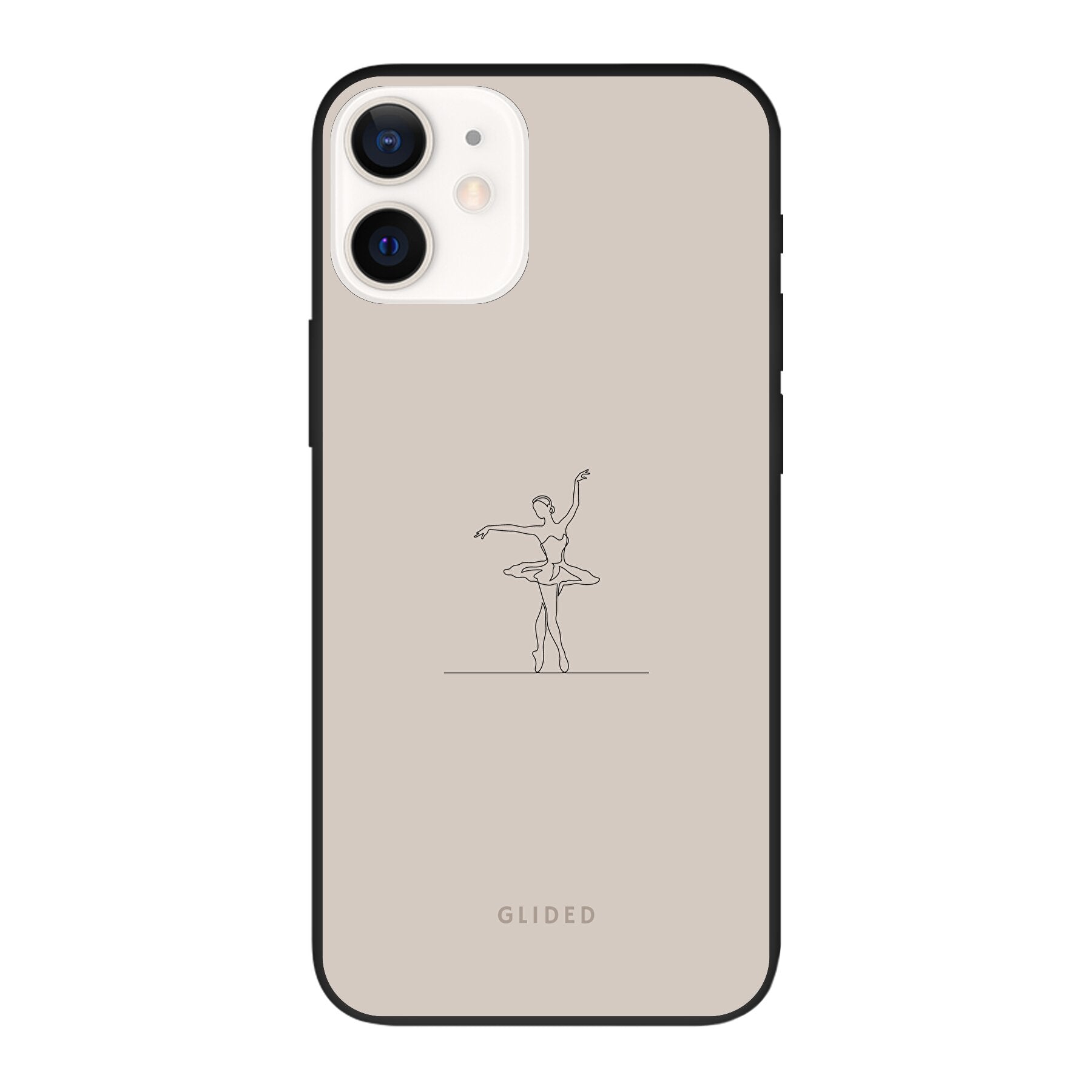 Felicity iPhone 12 Handyhülle mit zartem Balletttänzer-Design auf beigem Hintergrund, idealer Schutz und elegantes Accessoire.