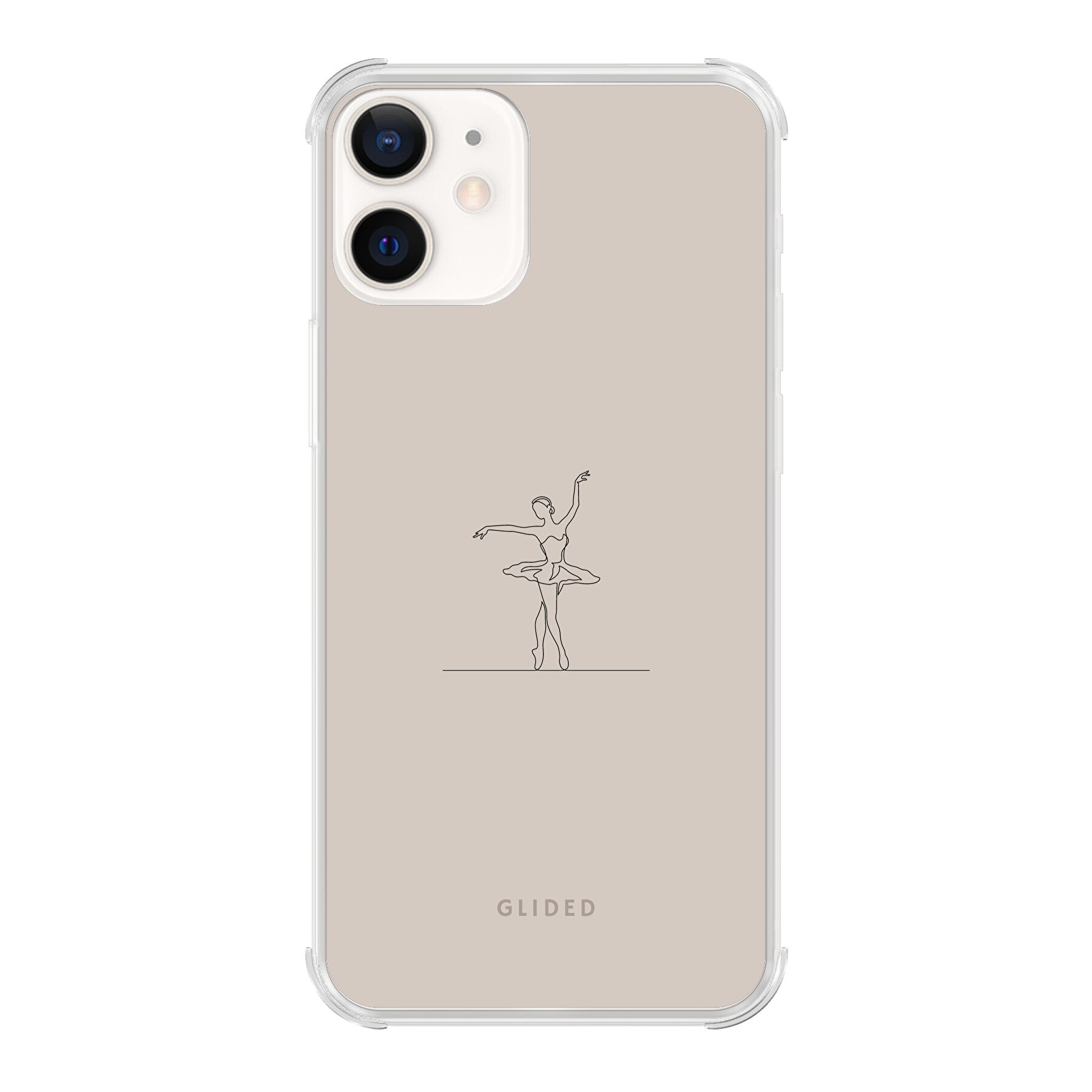 Felicity iPhone 12 Handyhülle mit zartem Balletttänzer-Design auf beigem Hintergrund, idealer Schutz und elegantes Accessoire.