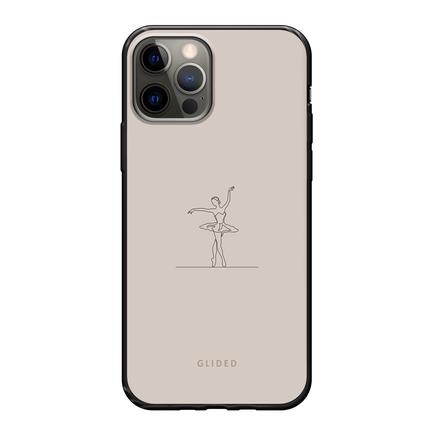 Felicity iPhone 12 Handyhülle mit zartem Balletttänzer-Design auf beigem Hintergrund, idealer Schutz und elegantes Accessoire.