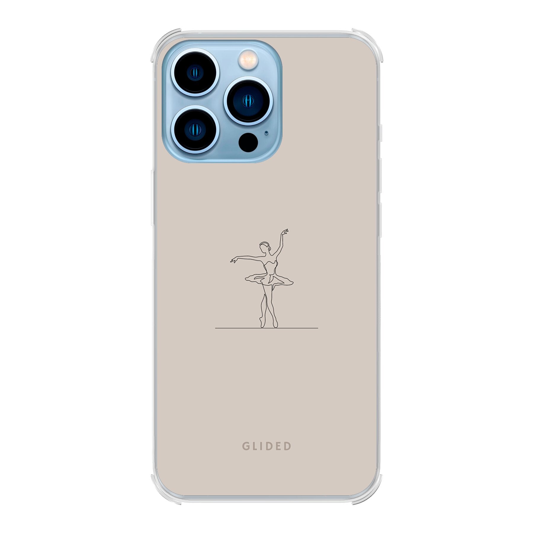 Felicity iPhone 13 Pro Handyhülle mit zartem Balletttänzer-Design auf beigem Hintergrund, idealer Schutz und elegantes Accessoire.