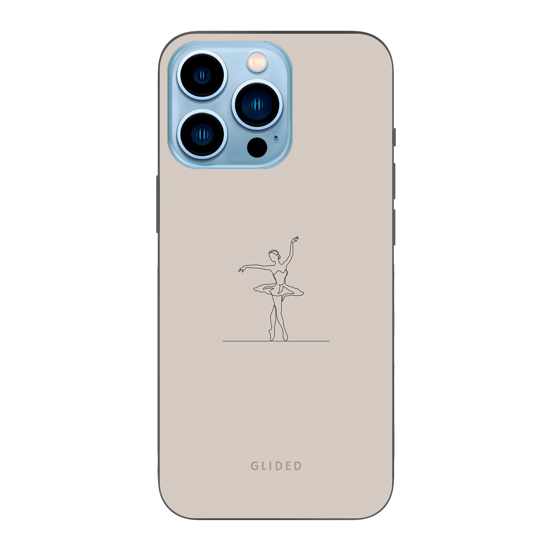 Felicity iPhone 13 Pro Handyhülle mit zartem Balletttänzer-Design auf beigem Hintergrund, idealer Schutz und elegantes Accessoire.