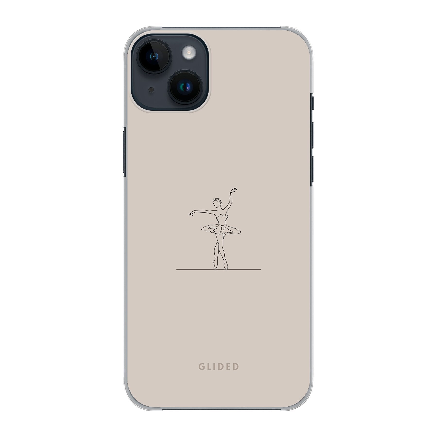 Felicity iPhone 14 Plus Handyhülle mit zarter Balletttänzerin auf beigem Hintergrund, elegant und schützend.