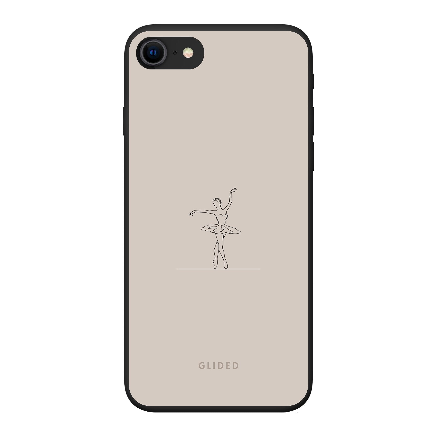 Felicity iPhone 8 Handyhülle mit zartem Balletttänzer-Design auf beigem Hintergrund, ideal für stilbewusste Nutzer.