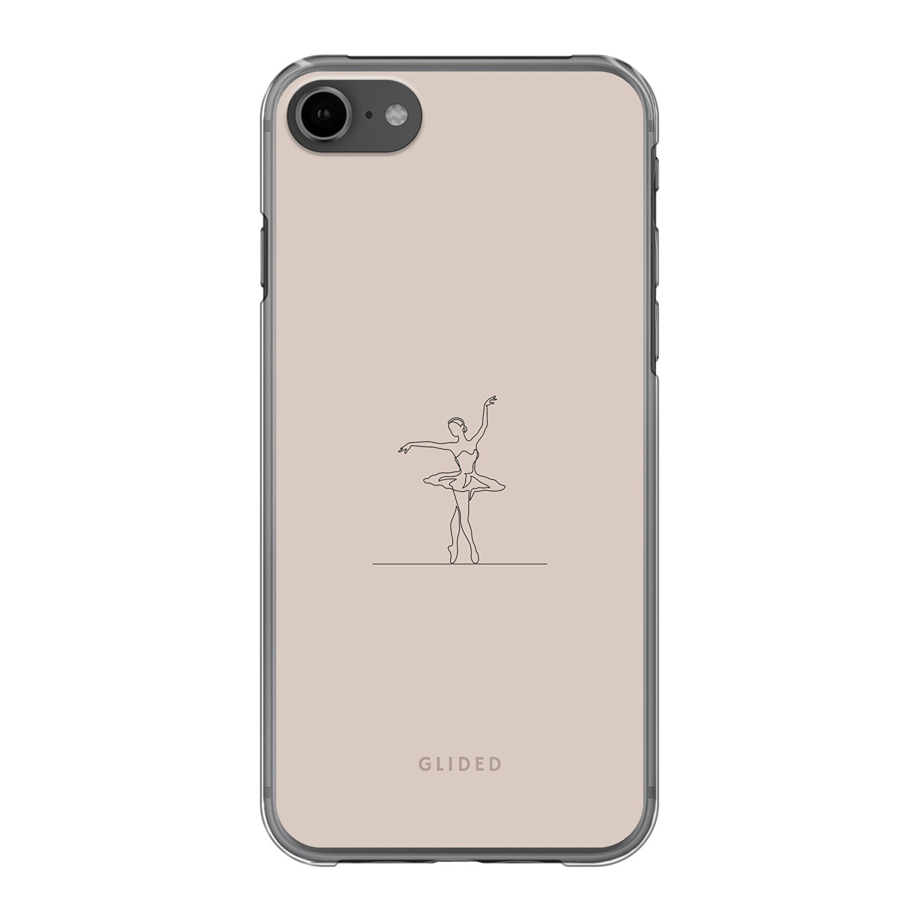 Felicity iPhone 8 Handyhülle mit zartem Balletttänzer-Design auf beigem Hintergrund, ideal für stilbewusste Nutzer.