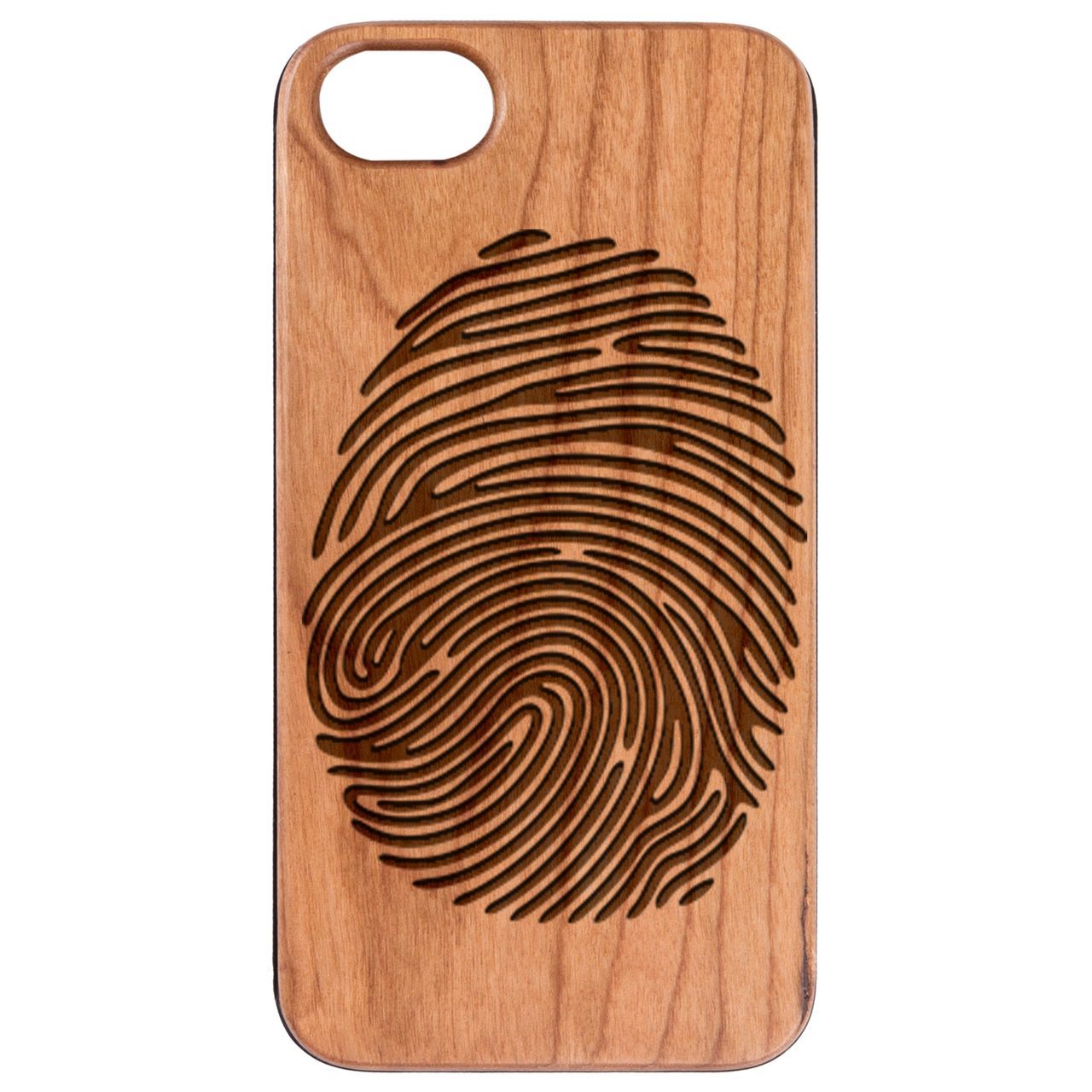 Fingerprint engraved wooden phone case showcasing unique design and durable construction.