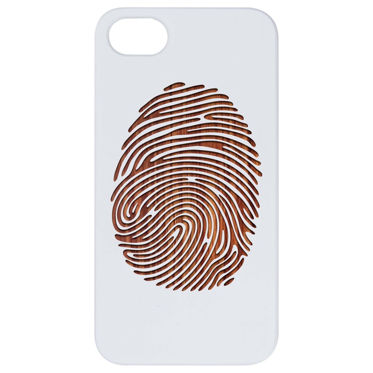 Fingerprint engraved wooden phone case showcasing unique design and durable construction.