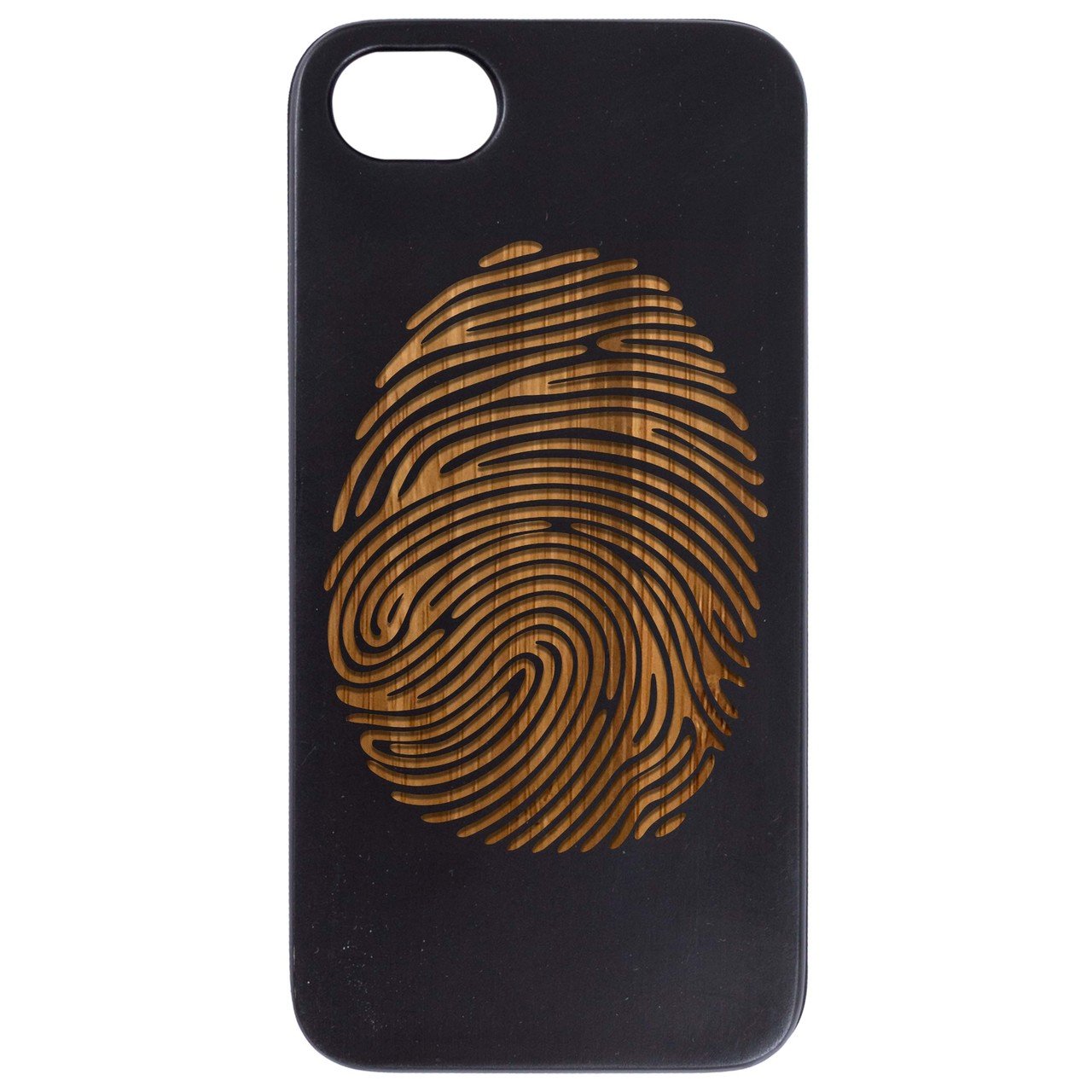 Fingerprint engraved wooden phone case showcasing unique design and durable construction.