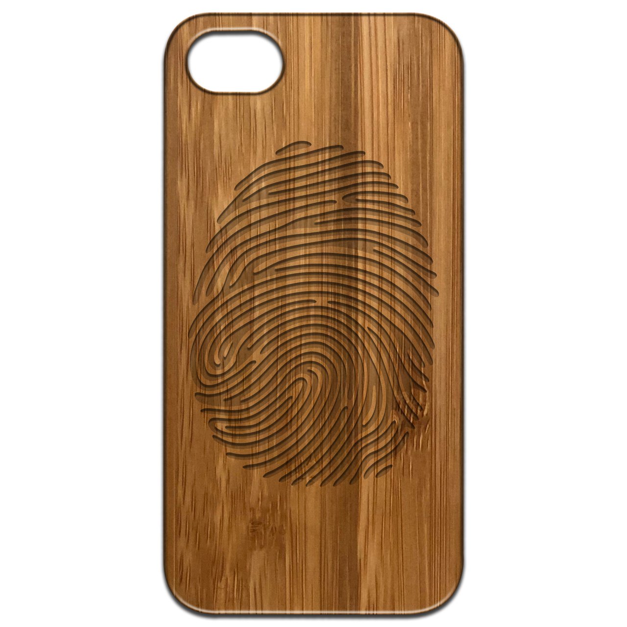 Fingerprint engraved wooden phone case showcasing unique design and durable construction.