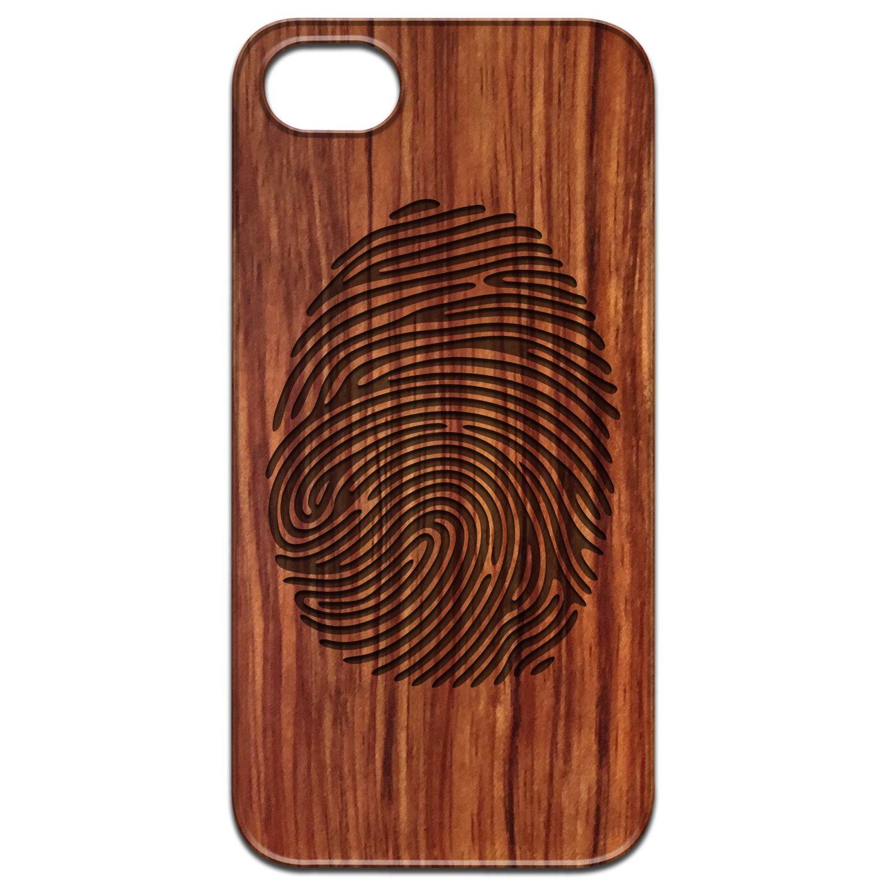 Fingerprint engraved wooden phone case showcasing unique design and durable construction.