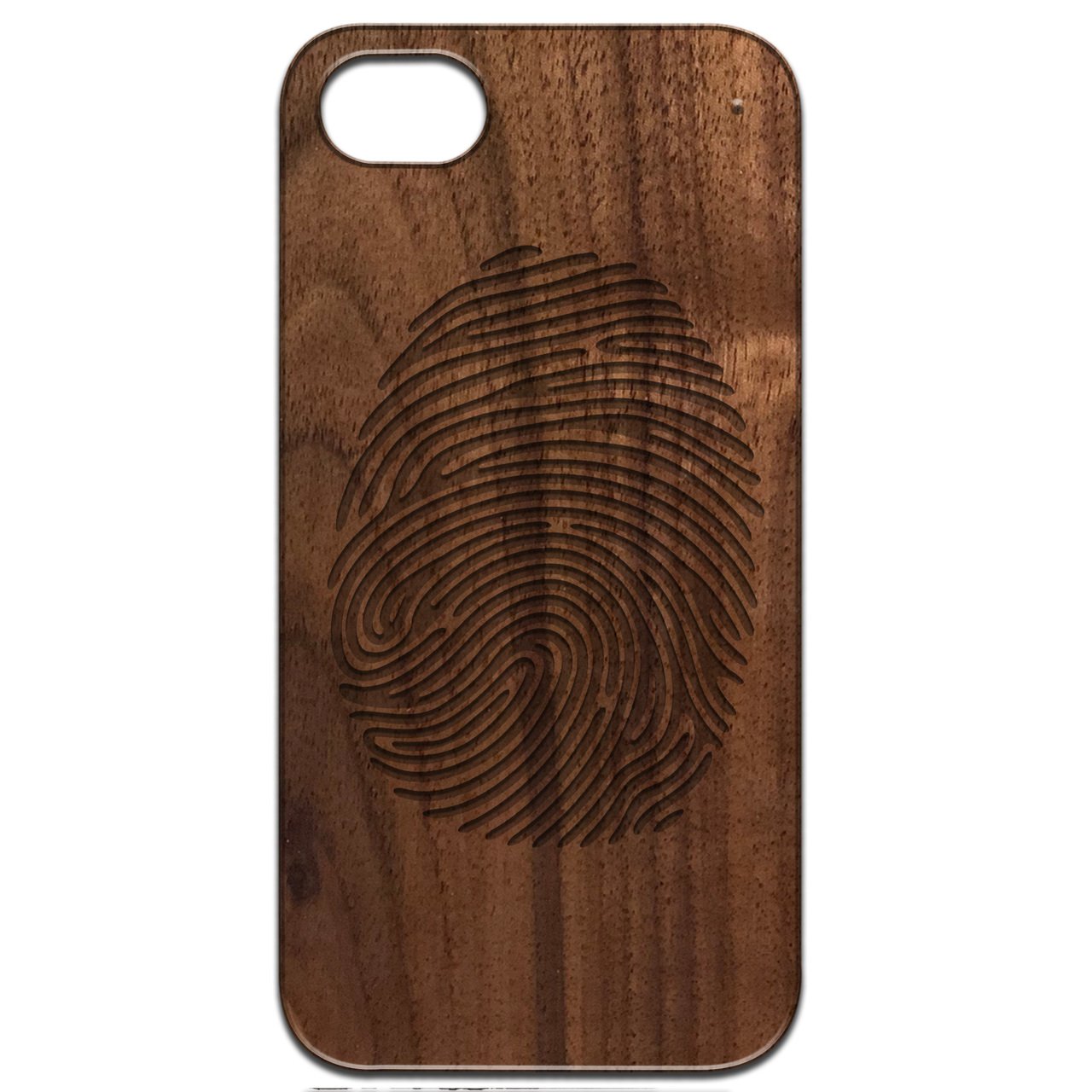 Fingerprint engraved wooden phone case showcasing unique design and durable construction.