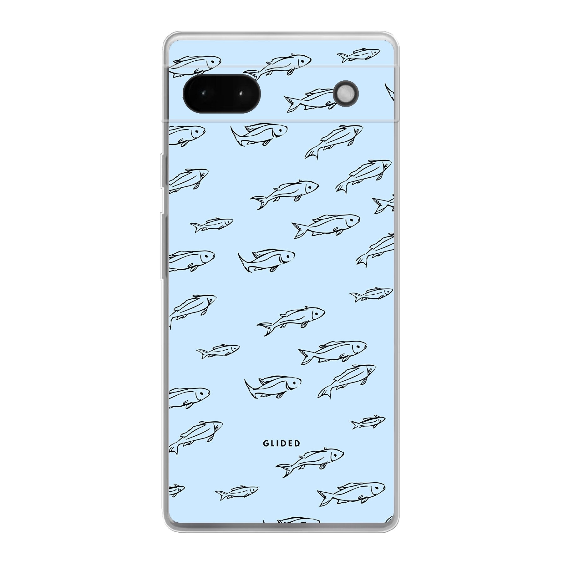 Fishy Handyhülle für Google Pixel 6a mit bunten Fischen auf hellem Hintergrund, bietet stilvollen Schutz und einzigartiges Design.