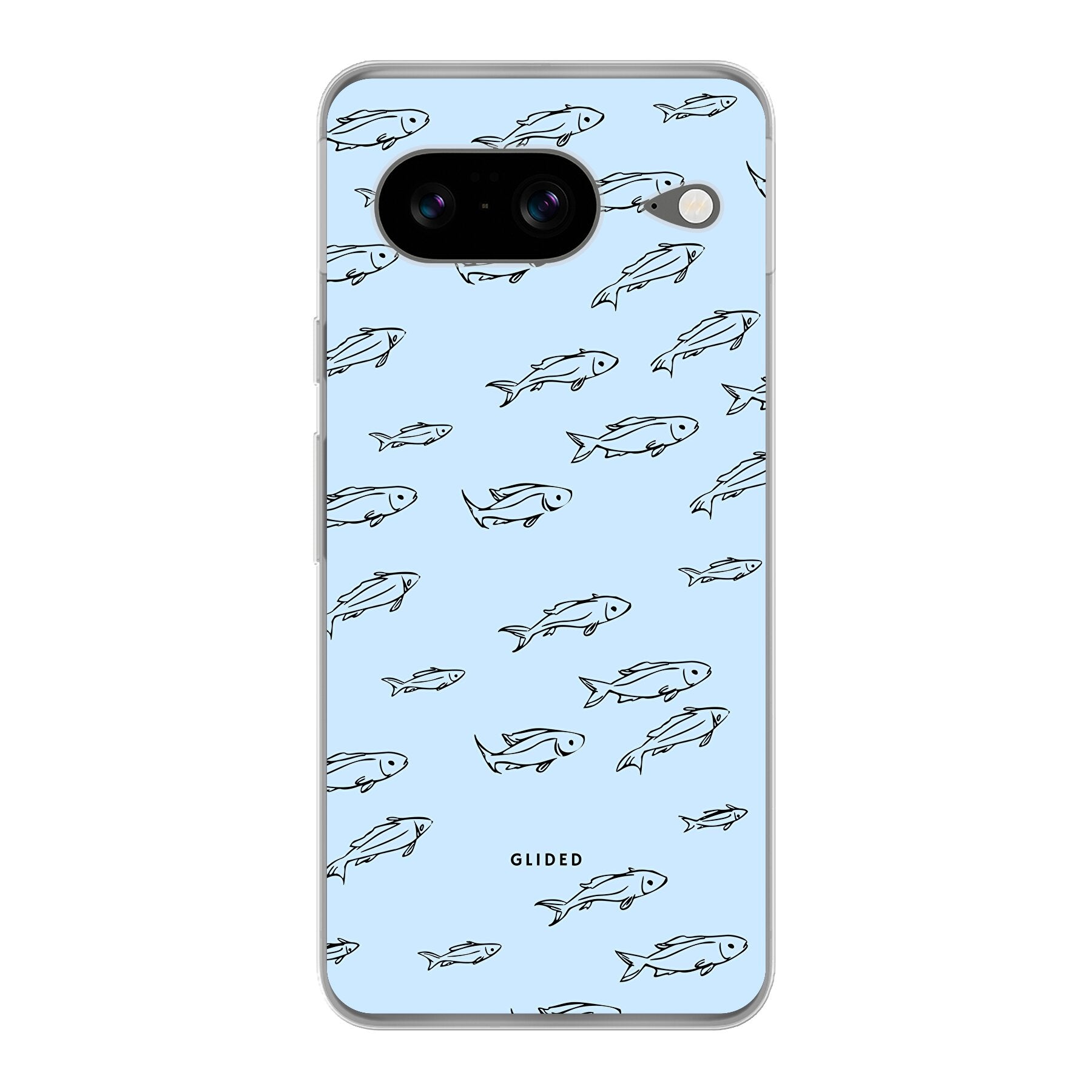 Fishy Google Pixel 8 Handyhülle mit süßen kleinen Fischen auf einem bunten Hintergrund, bietet Schutz und Stil.