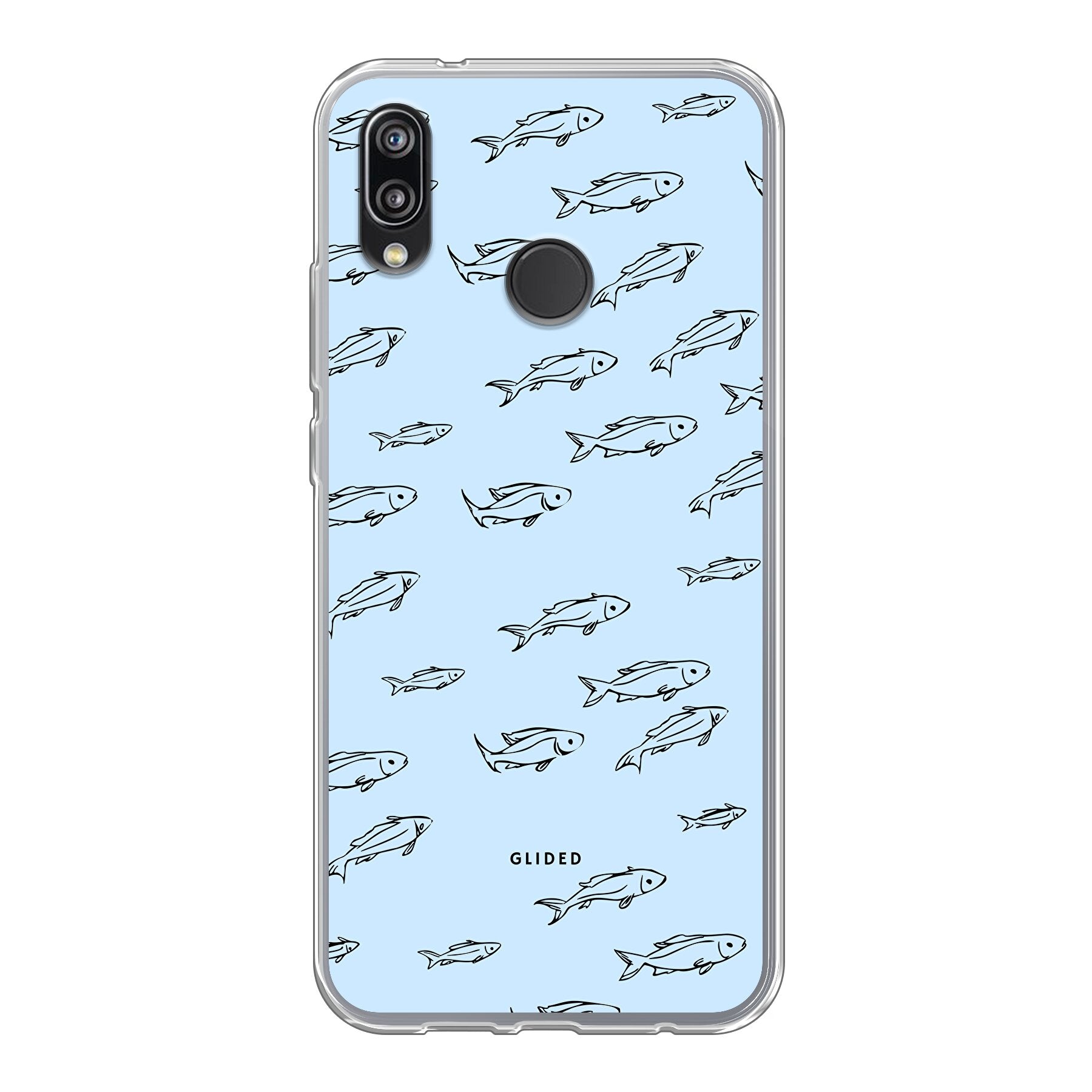 Fishy Huawei P20 Lite Handyhülle mit süßen kleinen Fischen auf einem bunten Hintergrund, bietet Schutz und Stil.