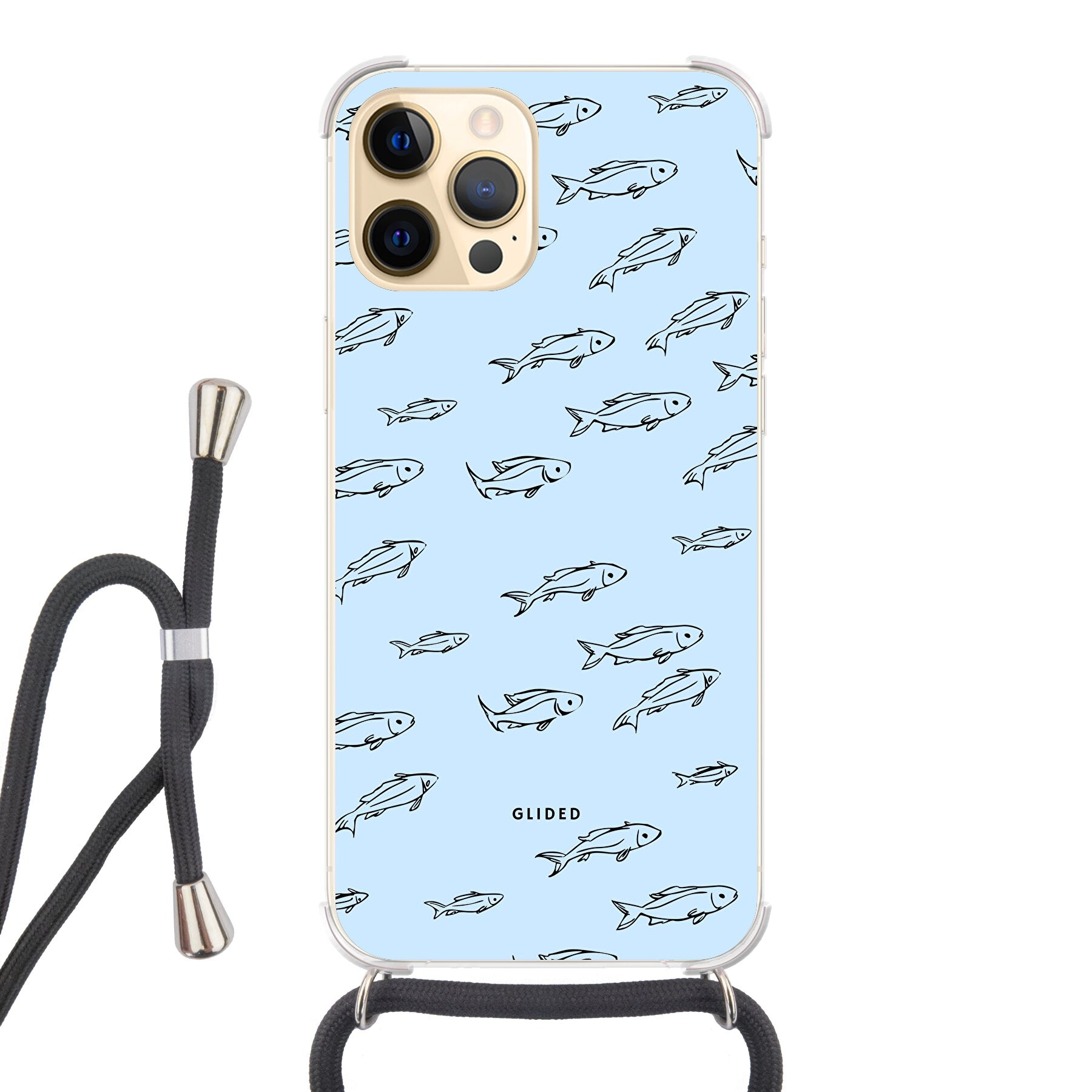 Fishy iPhone 12 Pro Max Handyhülle mit bunten Fischen auf hellem Hintergrund, bietet Schutz und Stil.