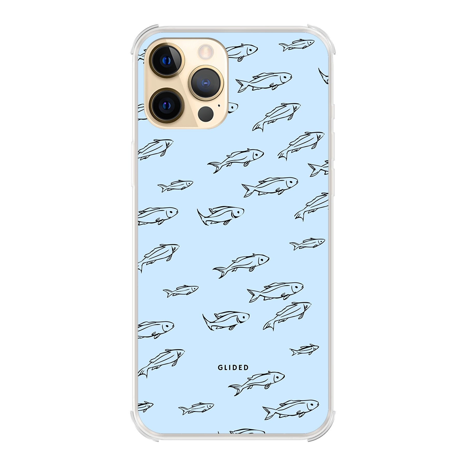 Fishy iPhone 12 Pro Max Handyhülle mit bunten Fischen auf hellem Hintergrund, bietet Schutz und Stil.