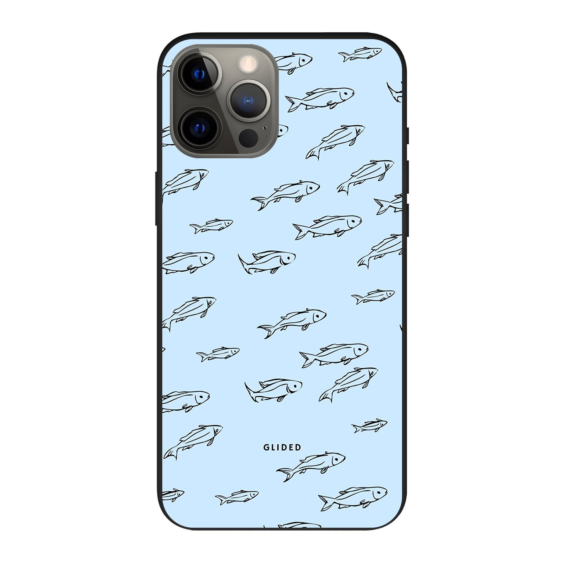 Fishy iPhone 12 Pro Max Handyhülle mit bunten Fischen auf hellem Hintergrund, bietet Schutz und Stil.