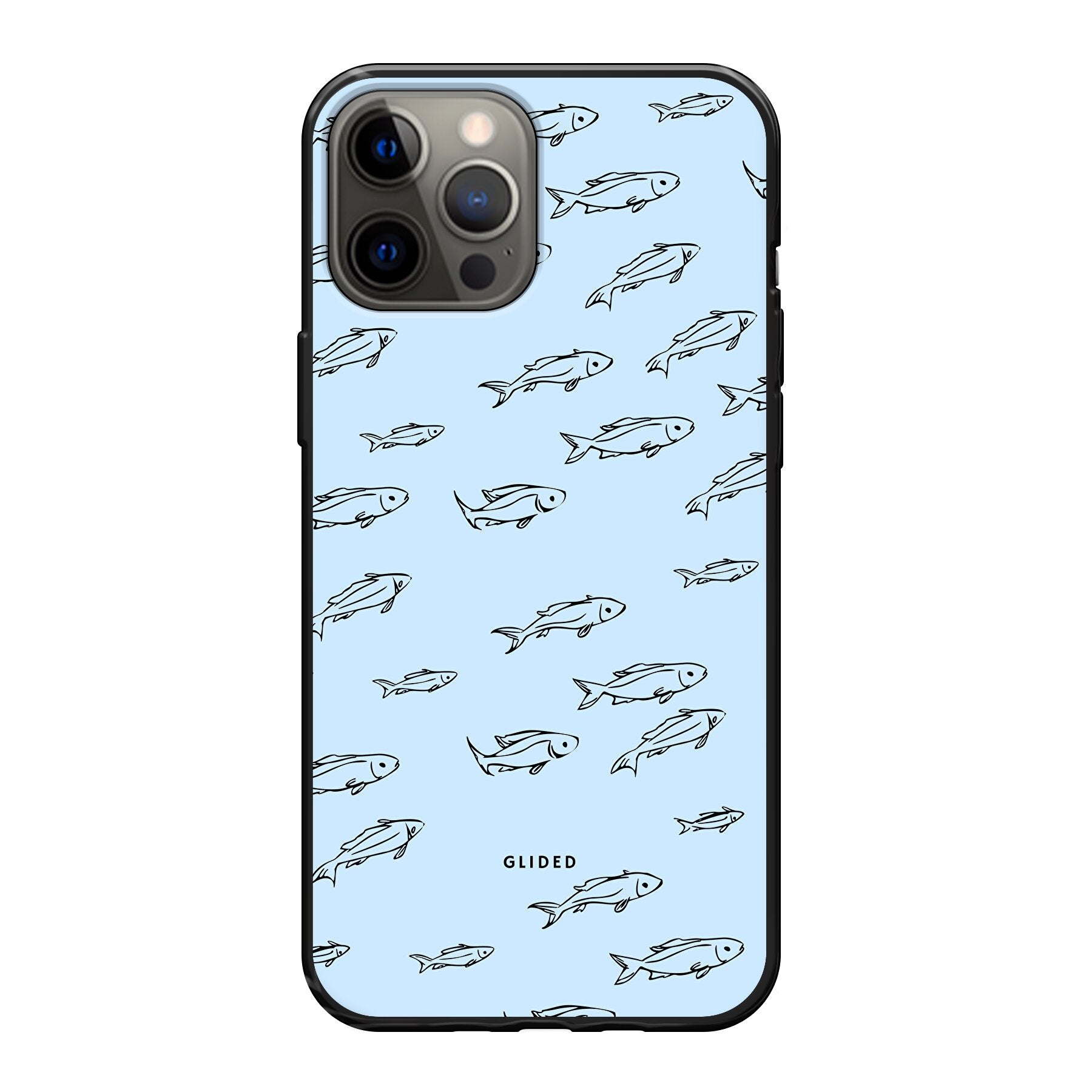 Fishy iPhone 12 Pro Max Handyhülle mit bunten Fischen auf hellem Hintergrund, bietet Schutz und Stil.