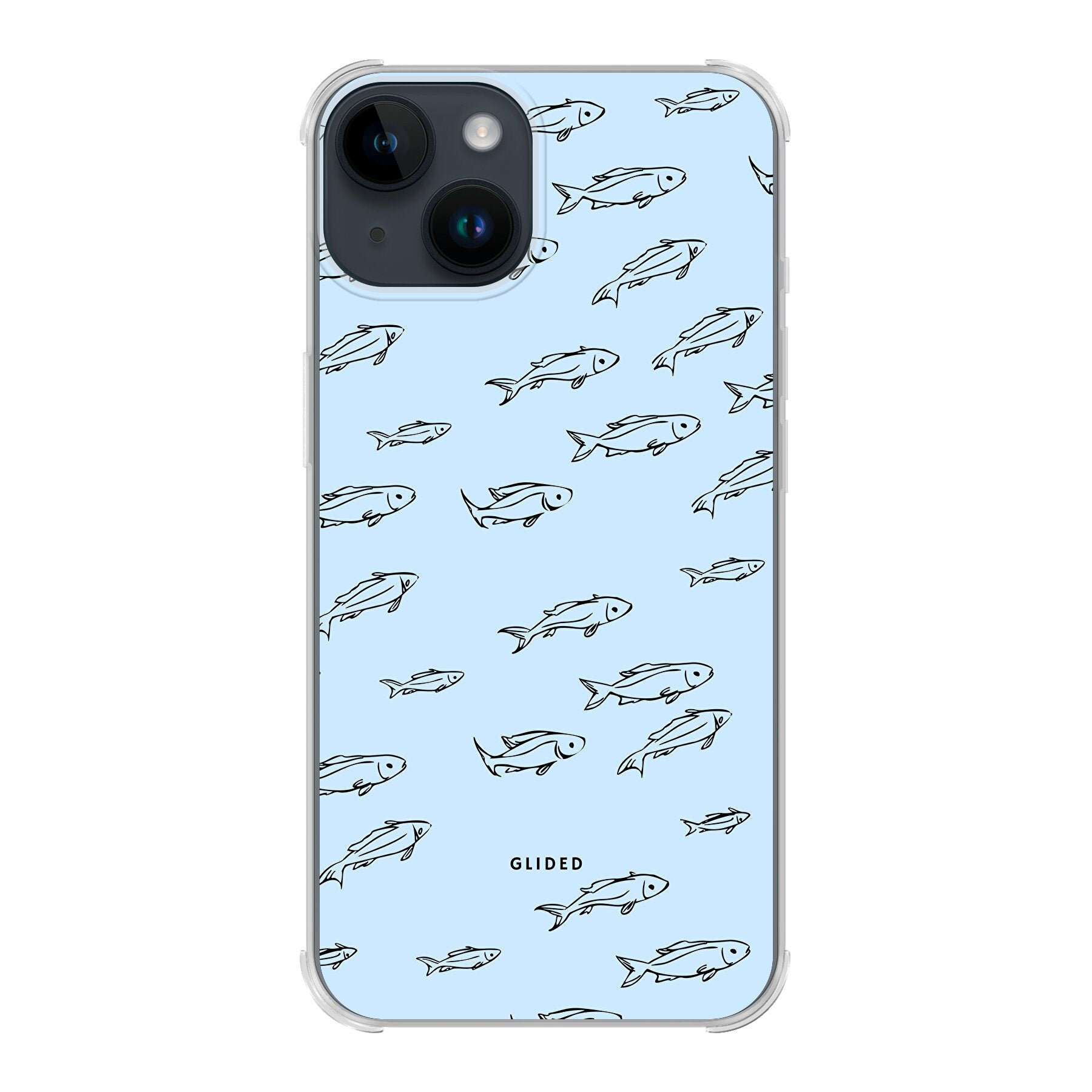 Fishy iPhone 14 Handyhülle mit bunten Fischen auf einem hellen Hintergrund, bietet Schutz und Stil.