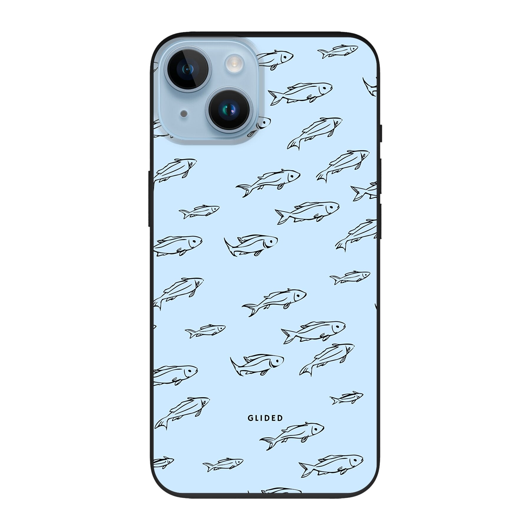 Fishy iPhone 14 Handyhülle mit bunten Fischen auf einem hellen Hintergrund, bietet Schutz und Stil.